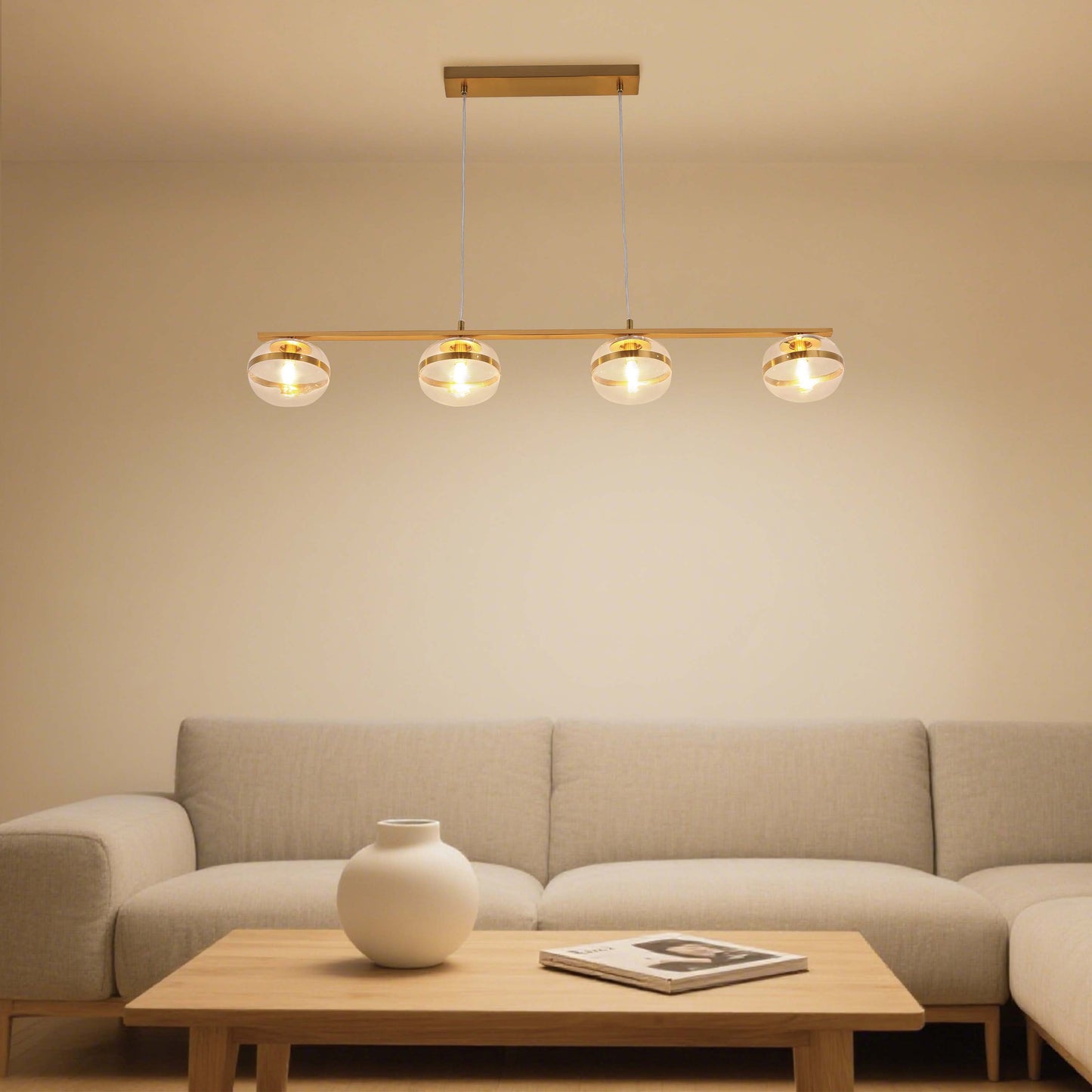 Luxury Brass & Clear Ribbed Glass Pendant Light, G9 Dimmable