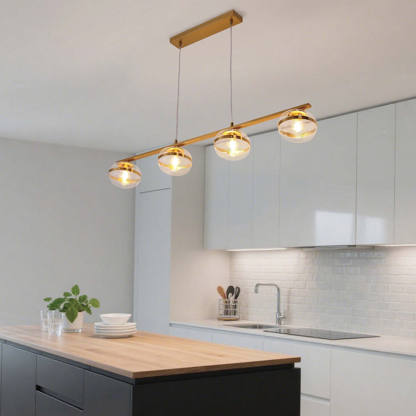 Luxury Brass & Clear Ribbed Glass Pendant Light, G9 Dimmable