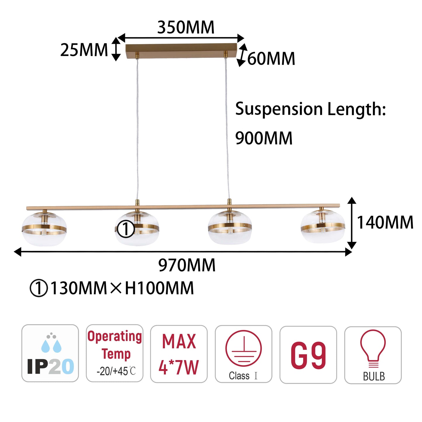 Luxury Brass & Clear Ribbed Glass Pendant Light, G9 Dimmable
