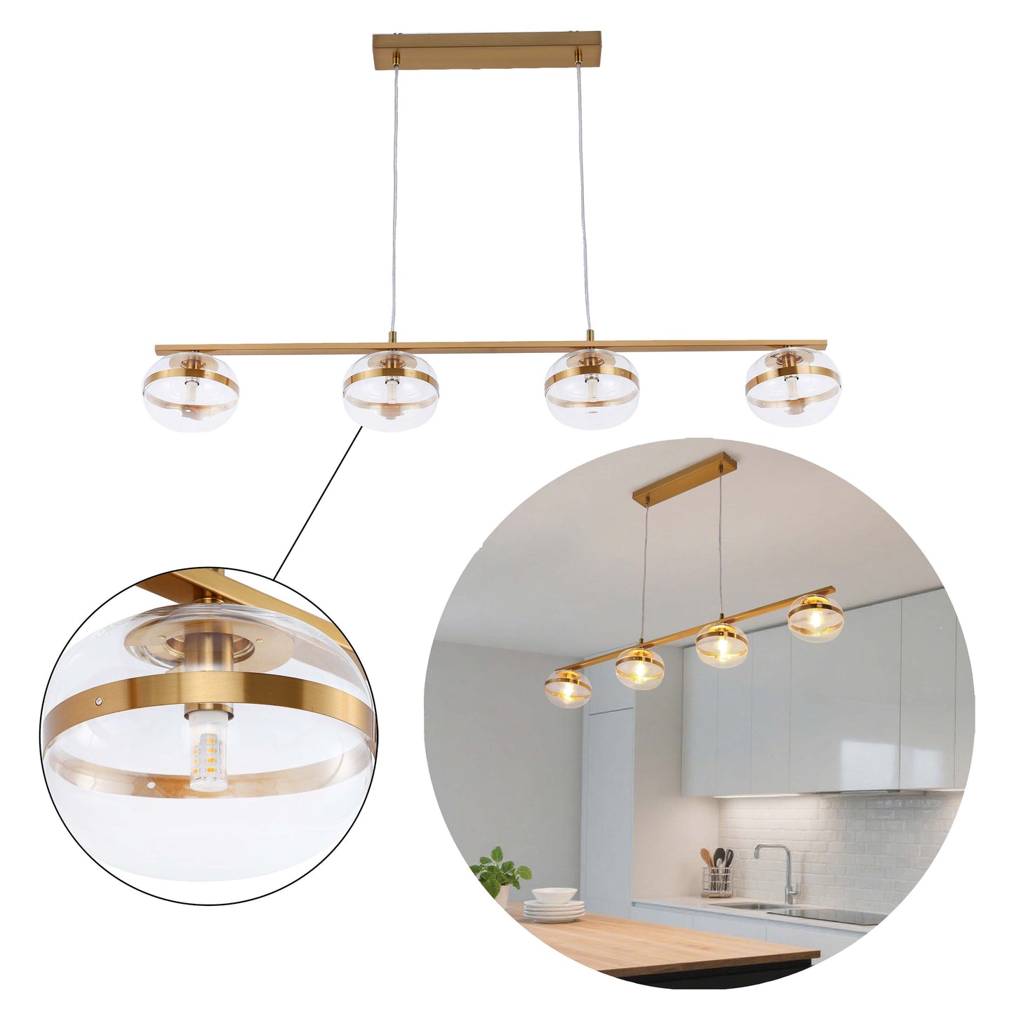 Luxury Brass & Clear Ribbed Glass Pendant Light, G9 Dimmable