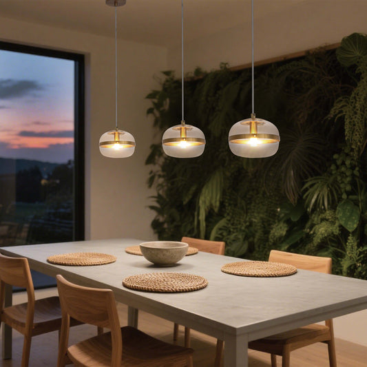 Luxury Brass & Clear Ribbed Glass Pendant Light, G9 Dimmable