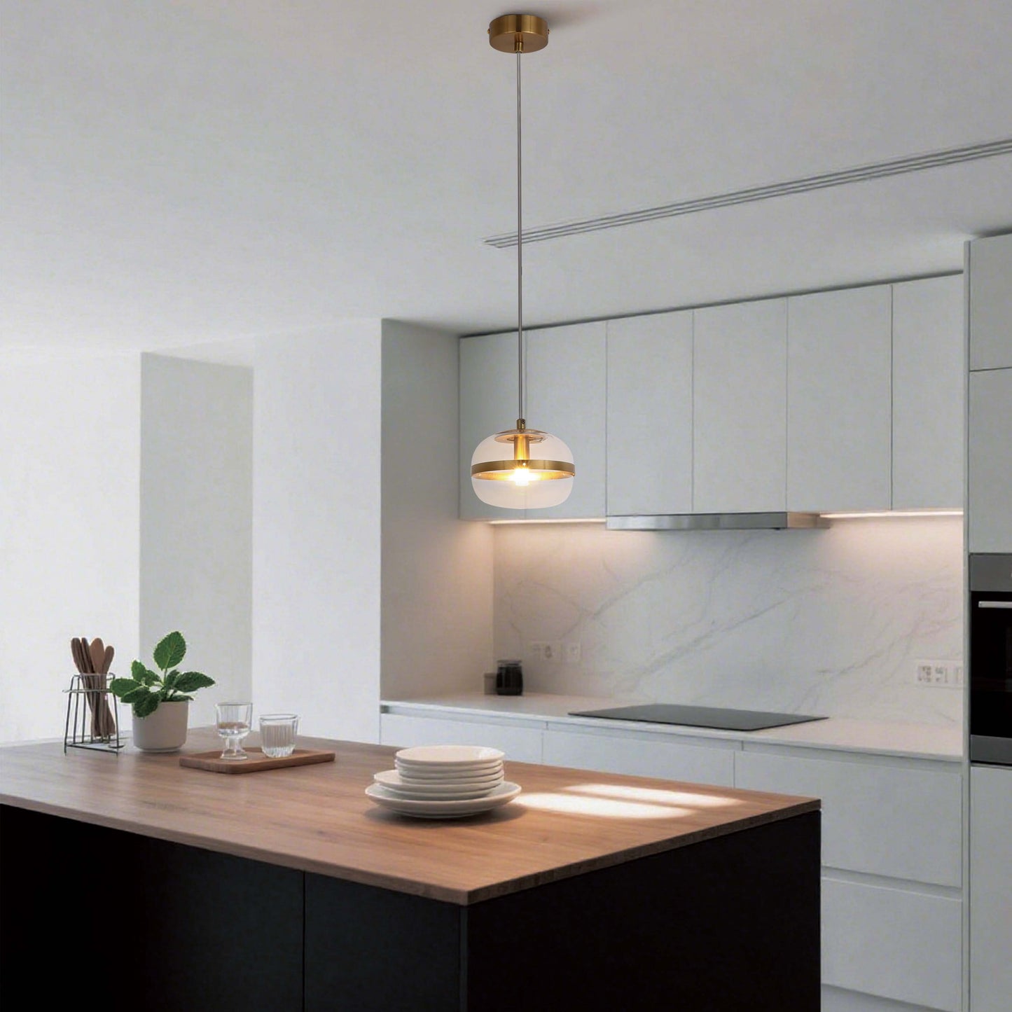 Luxury Brass & Clear Ribbed Glass Pendant Light, G9 Dimmable