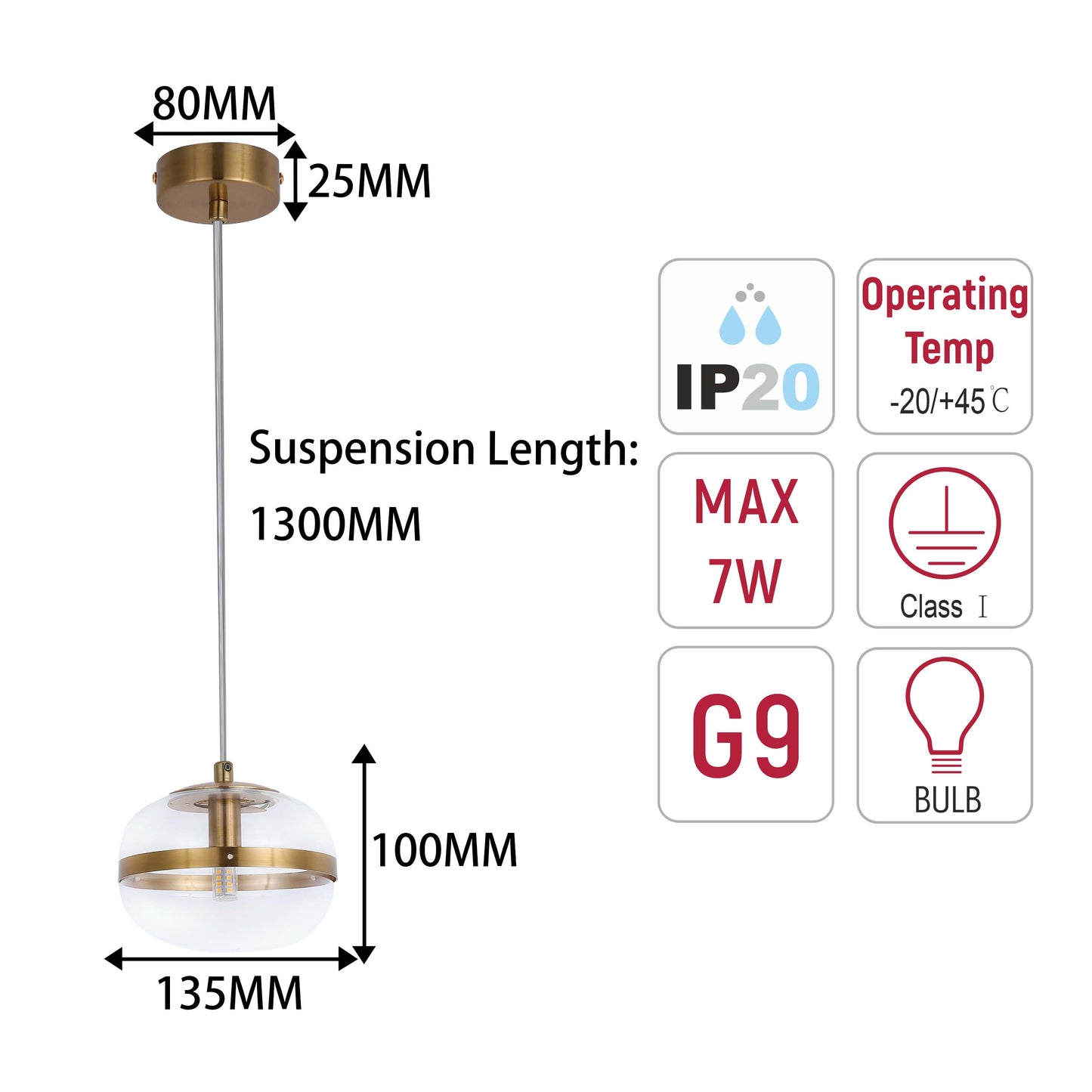 Luxury Brass & Clear Ribbed Glass Pendant Light, G9 Dimmable