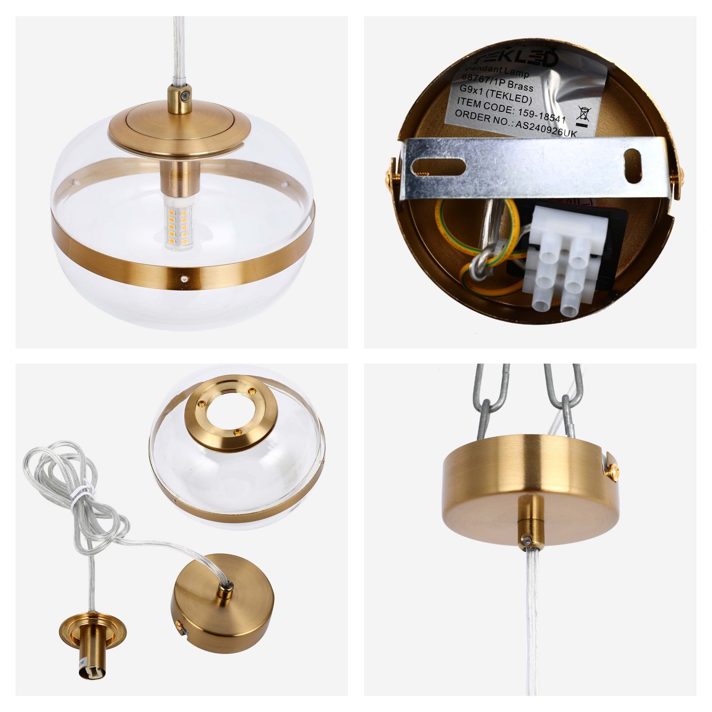 Luxury Brass & Clear Ribbed Glass Pendant Light, G9 Dimmable