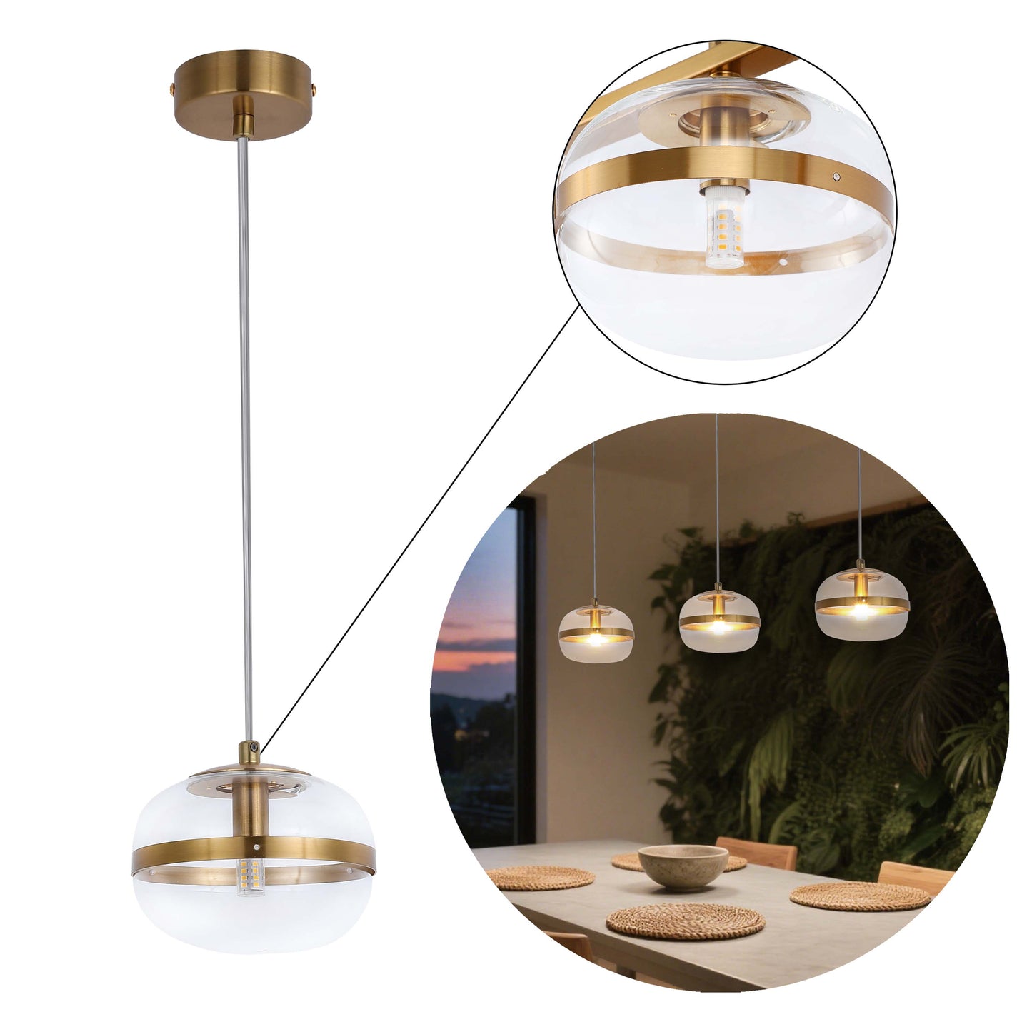 Luxury Brass & Clear Ribbed Glass Pendant Light, G9 Dimmable