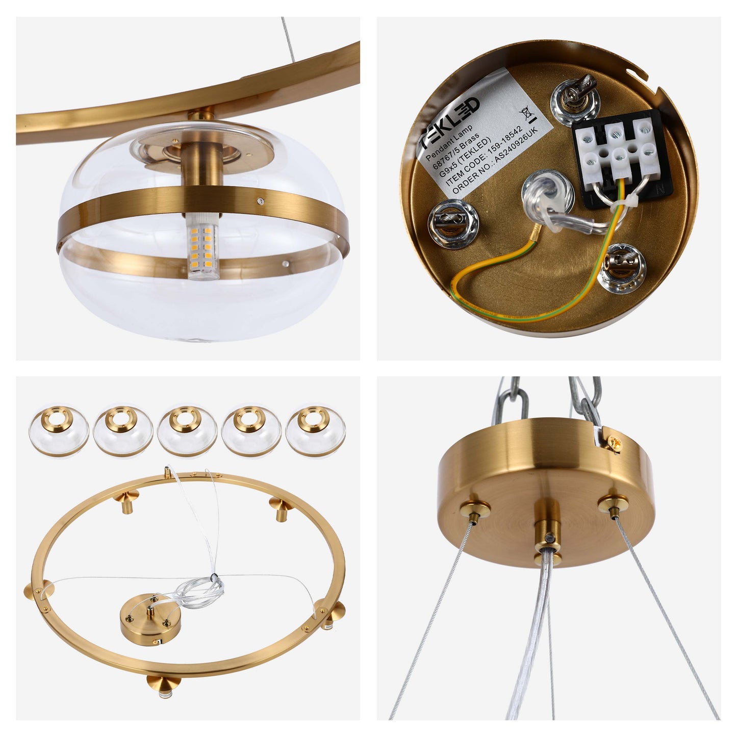 Luxury Brass & Clear Ribbed Glass Pendant Light, G9 Dimmable