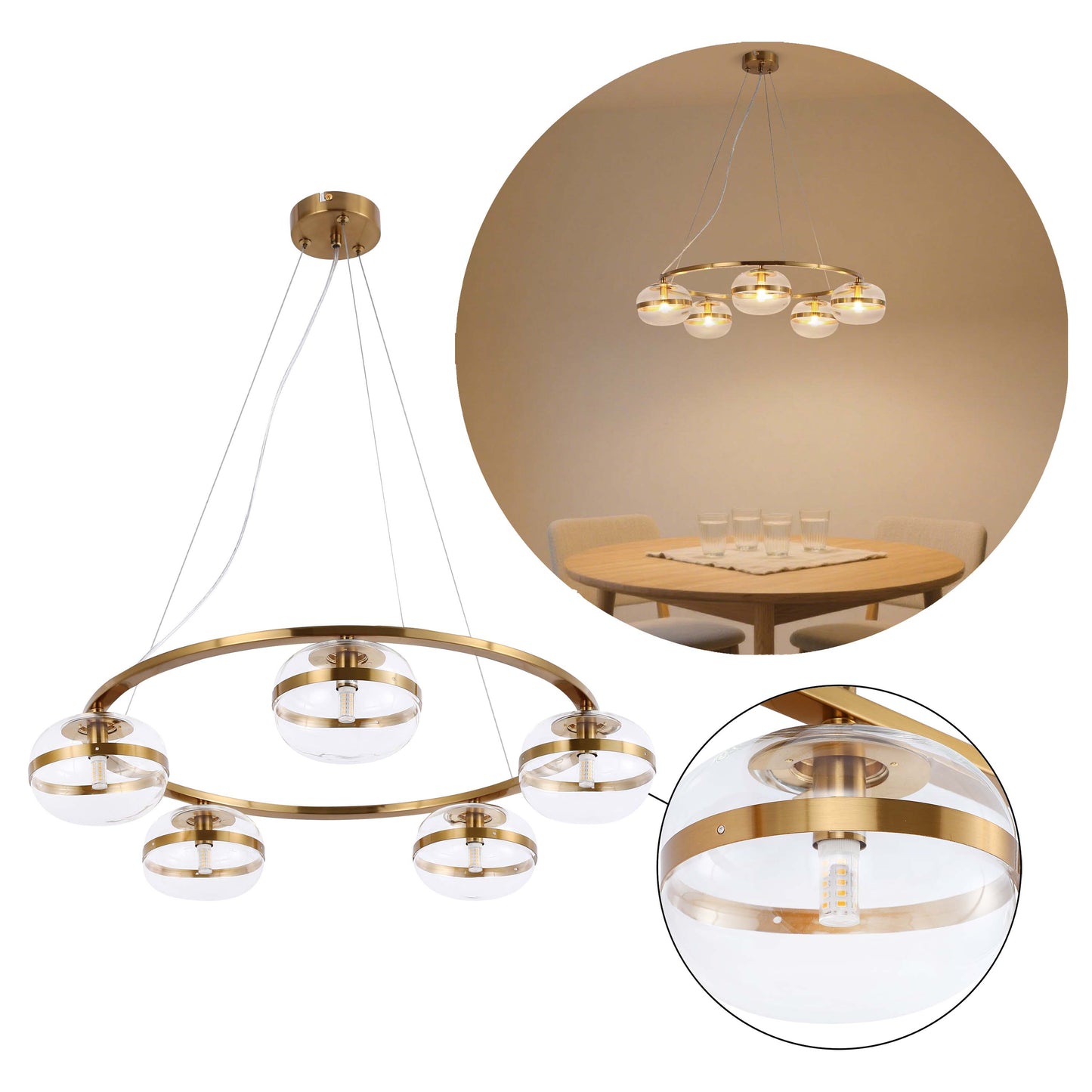 Luxury Brass & Clear Ribbed Glass Pendant Light, G9 Dimmable