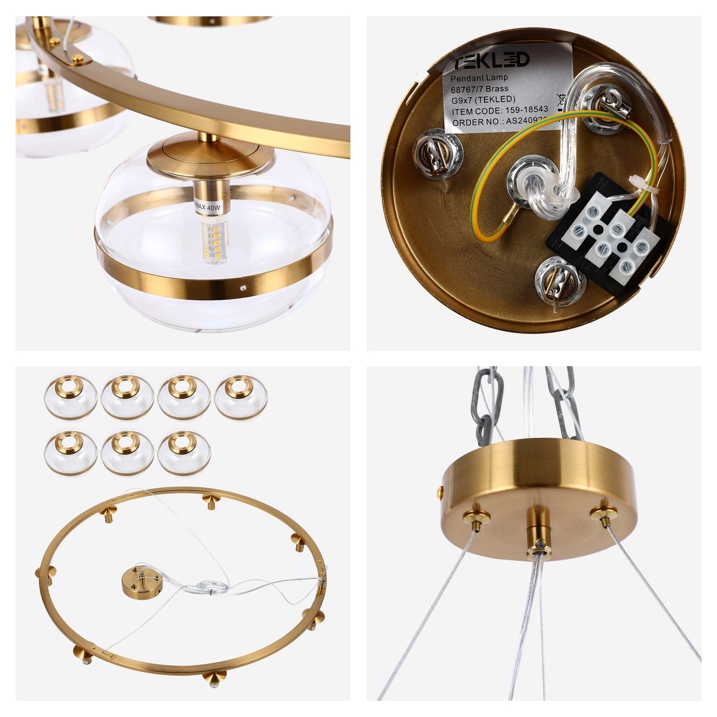 Luxury Brass & Clear Ribbed Glass Pendant Light, G9 Dimmable
