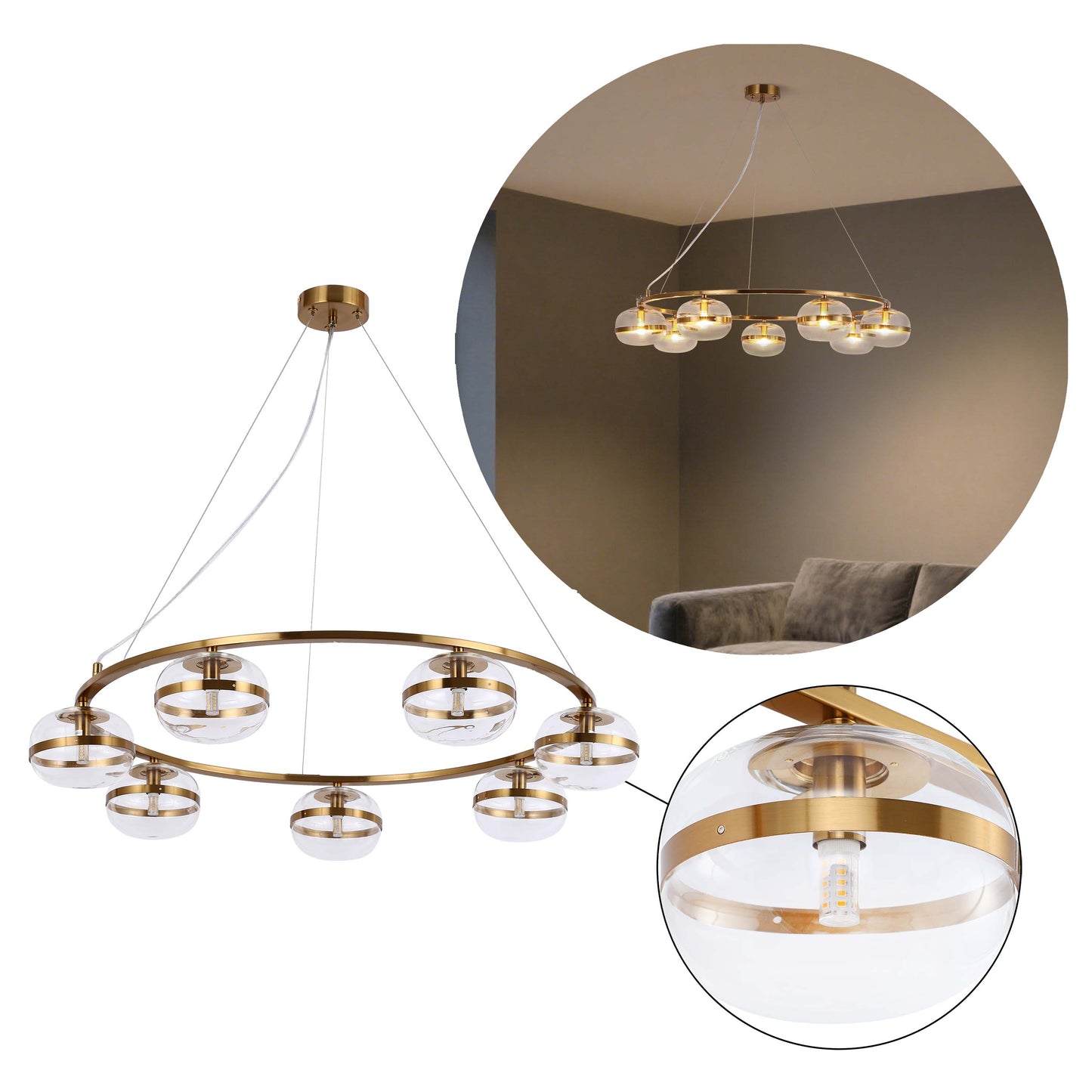 Luxury Brass & Clear Ribbed Glass Pendant Light, G9 Dimmable