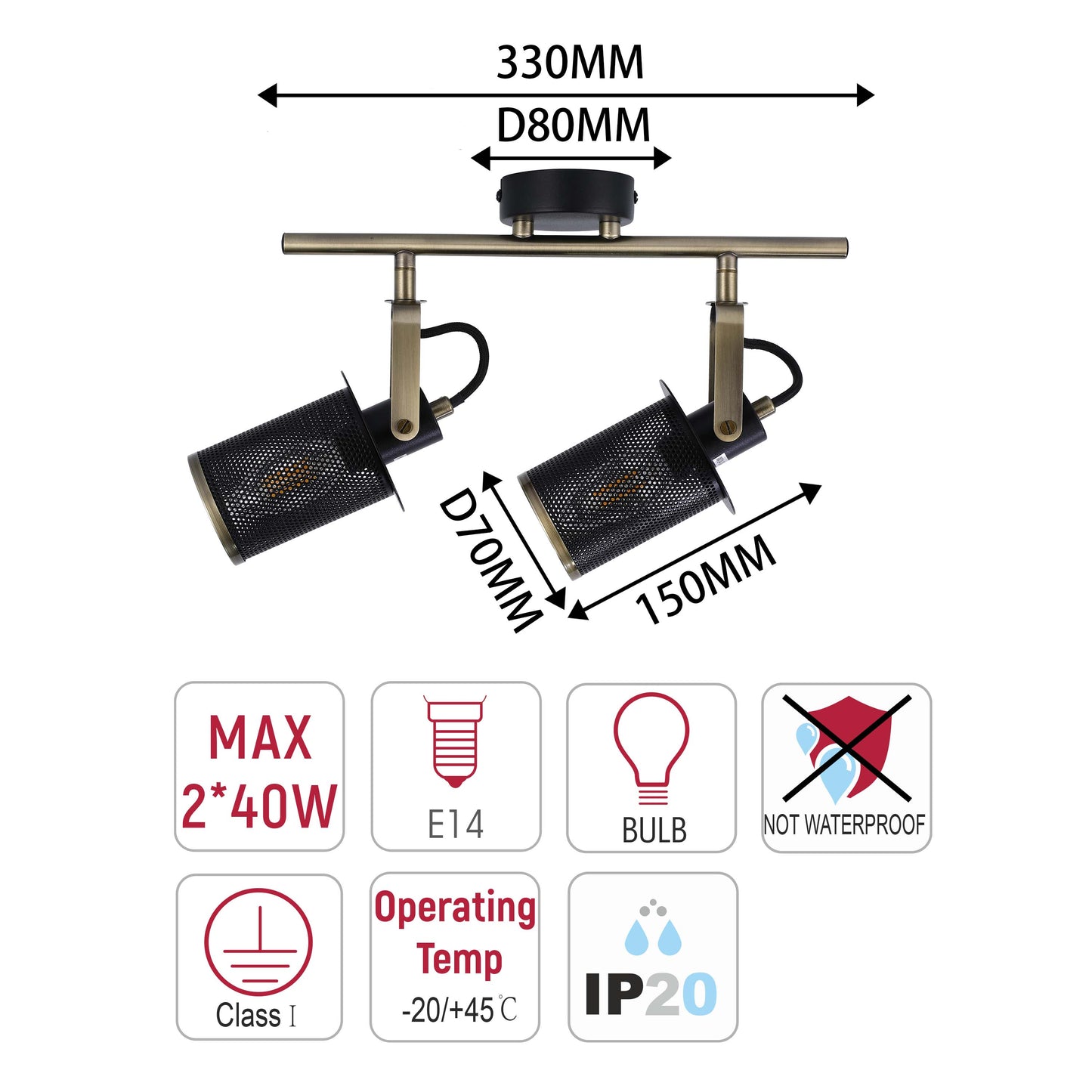Industrial Black & Antique Brass Mesh Ceiling Spotlight Bar, E14