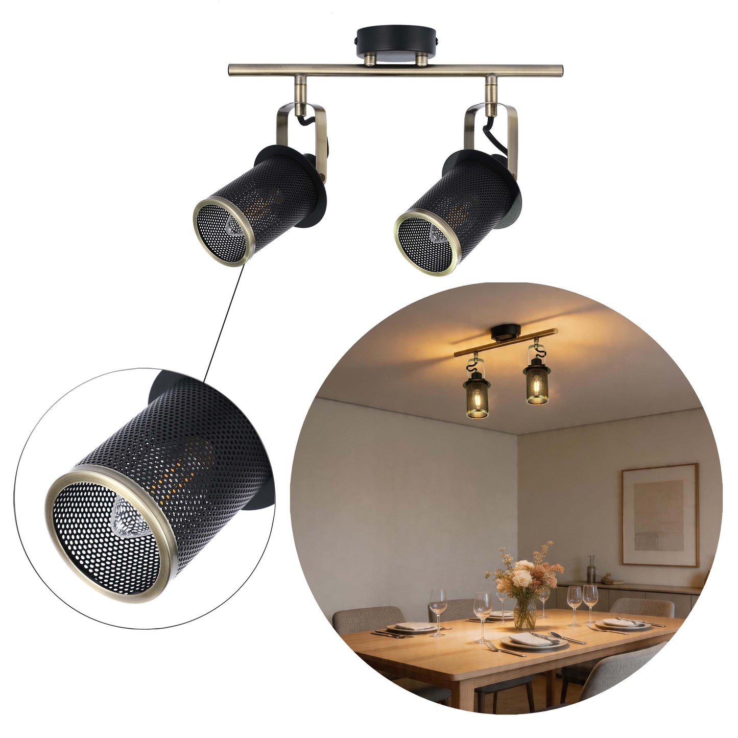 Industrial Black & Antique Brass Mesh Ceiling Spotlight Bar, E14