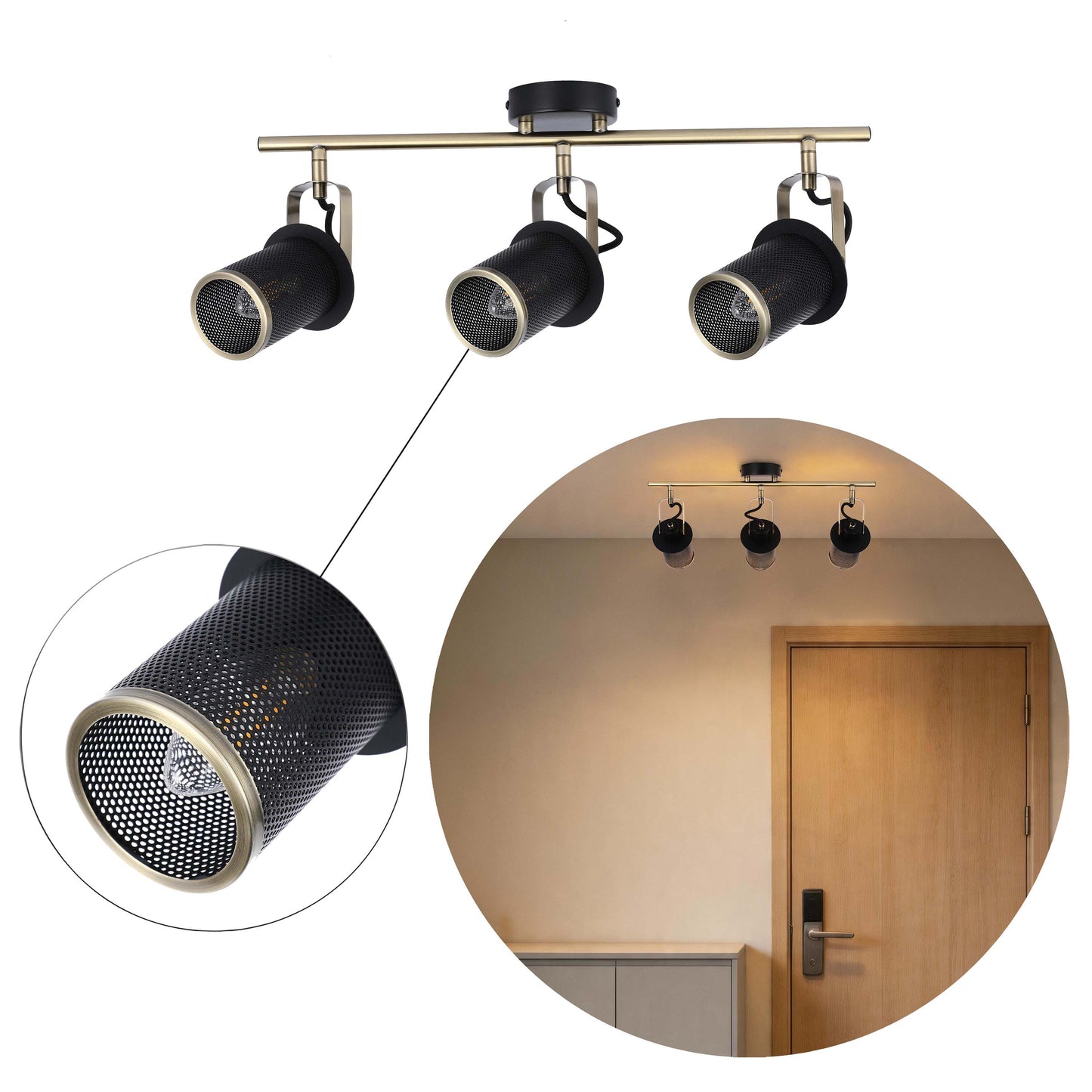 Industrial Black & Antique Brass Mesh Ceiling Spotlight Bar, E14