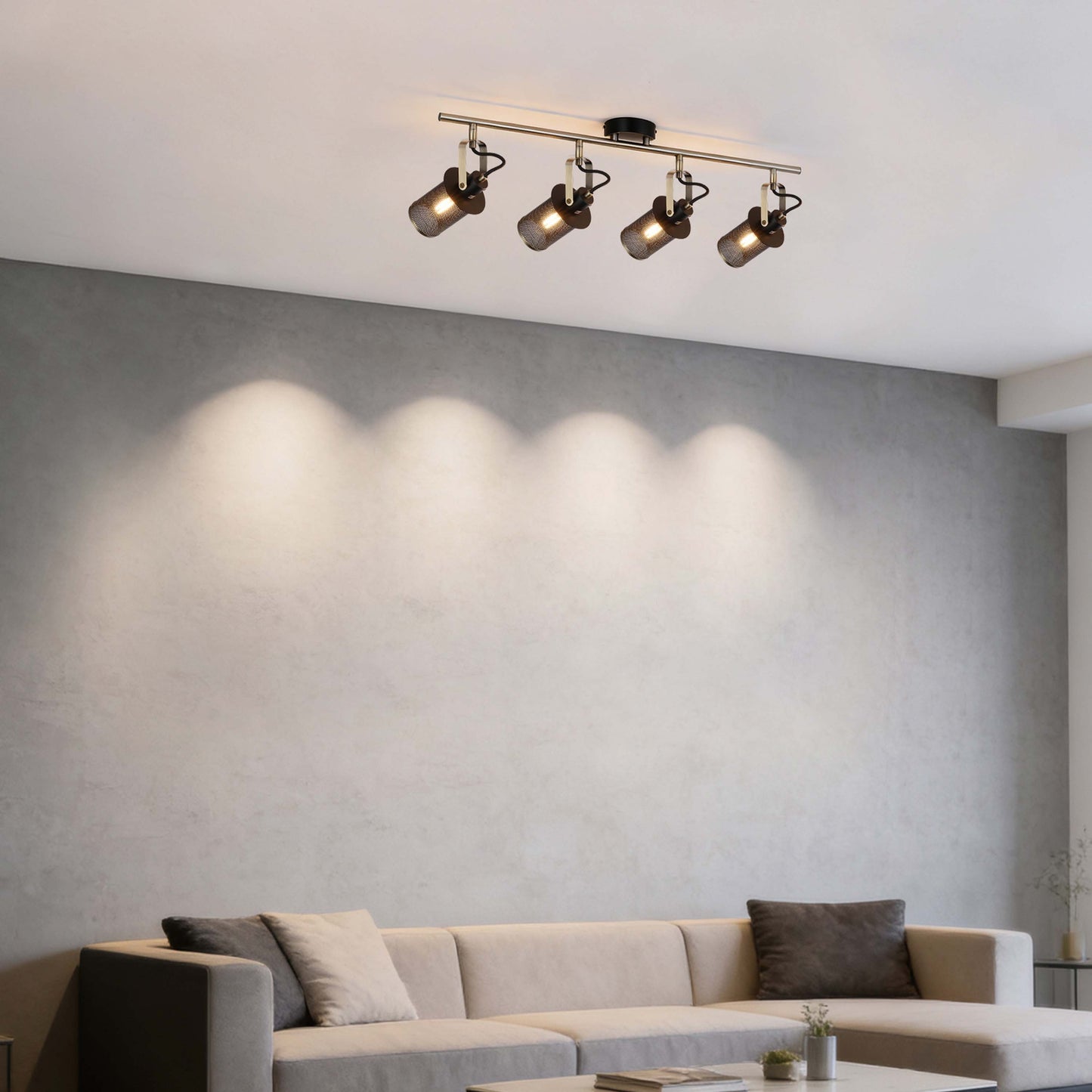 Industrial Black & Antique Brass Mesh Ceiling Spotlight Bar, E14
