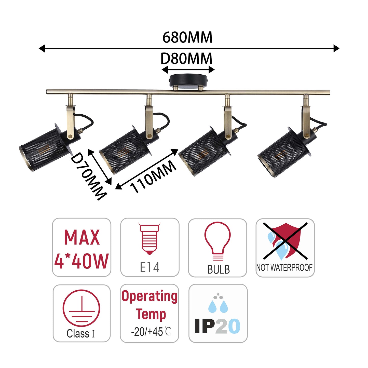 Industrial Black & Antique Brass Mesh Ceiling Spotlight Bar, E14