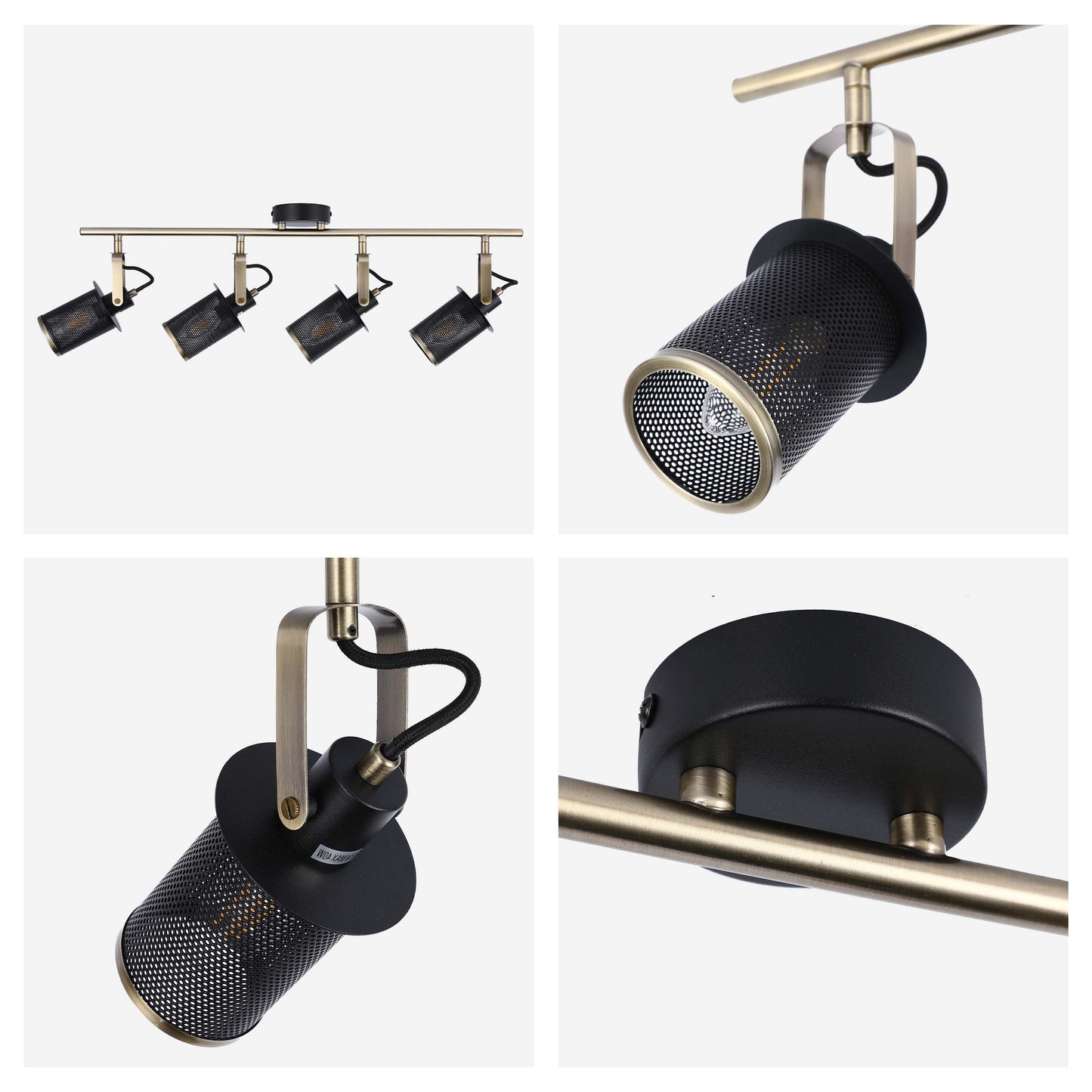 Industrial Black & Antique Brass Mesh Ceiling Spotlight Bar, E14