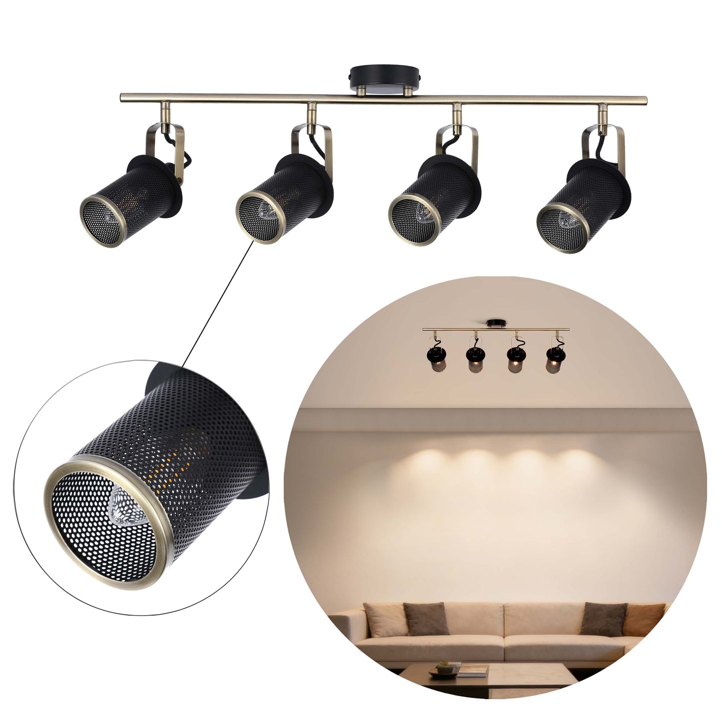 Industrial Black & Antique Brass Mesh Ceiling Spotlight Bar, E14