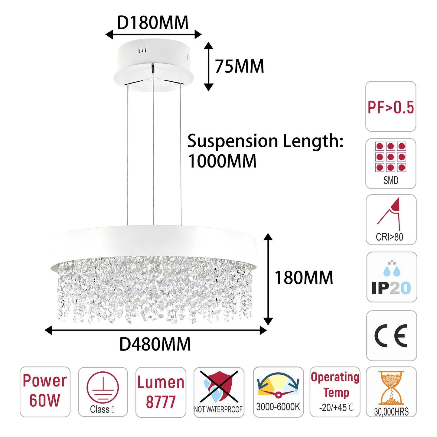 Premium Modern Crystal LED Chandelier, Dimmable with 2.4G Remote, 3CCT