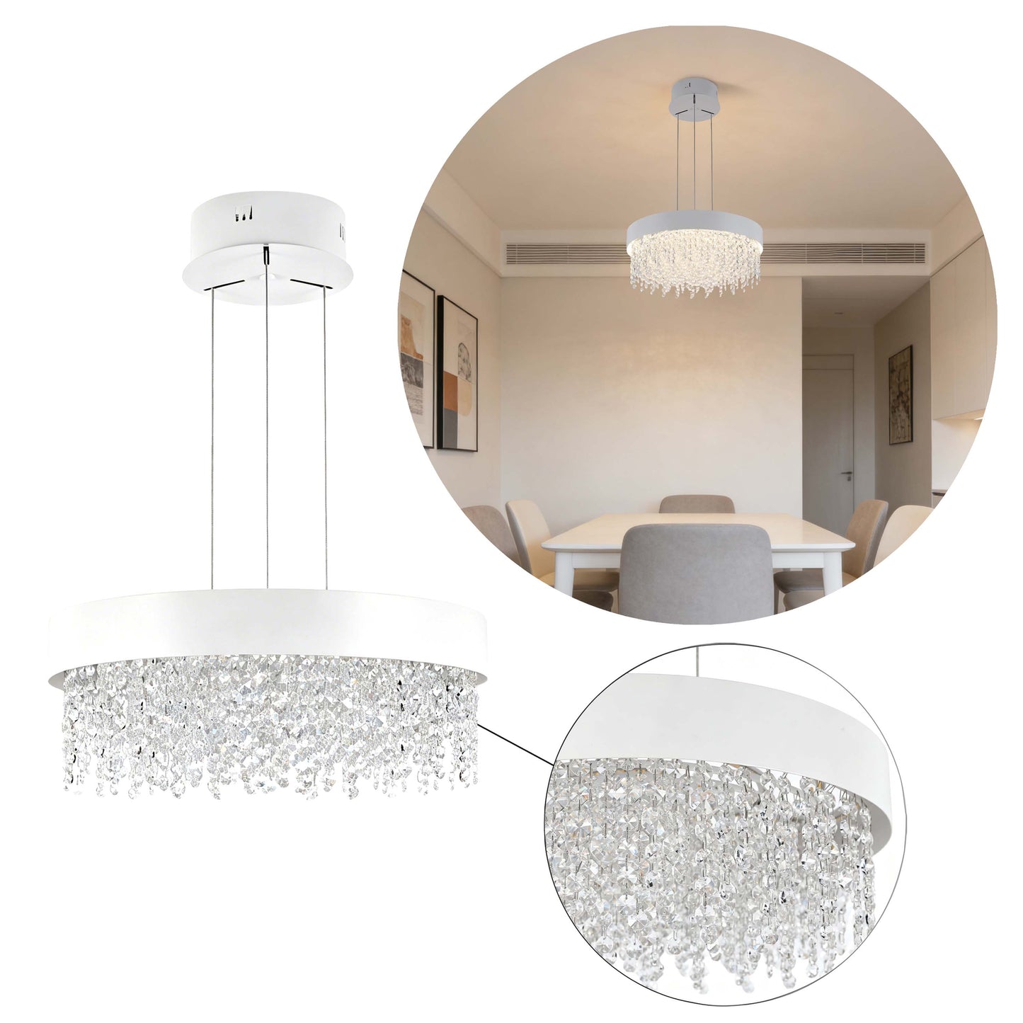Premium Modern Crystal LED Chandelier, Dimmable with 2.4G Remote, 3CCT