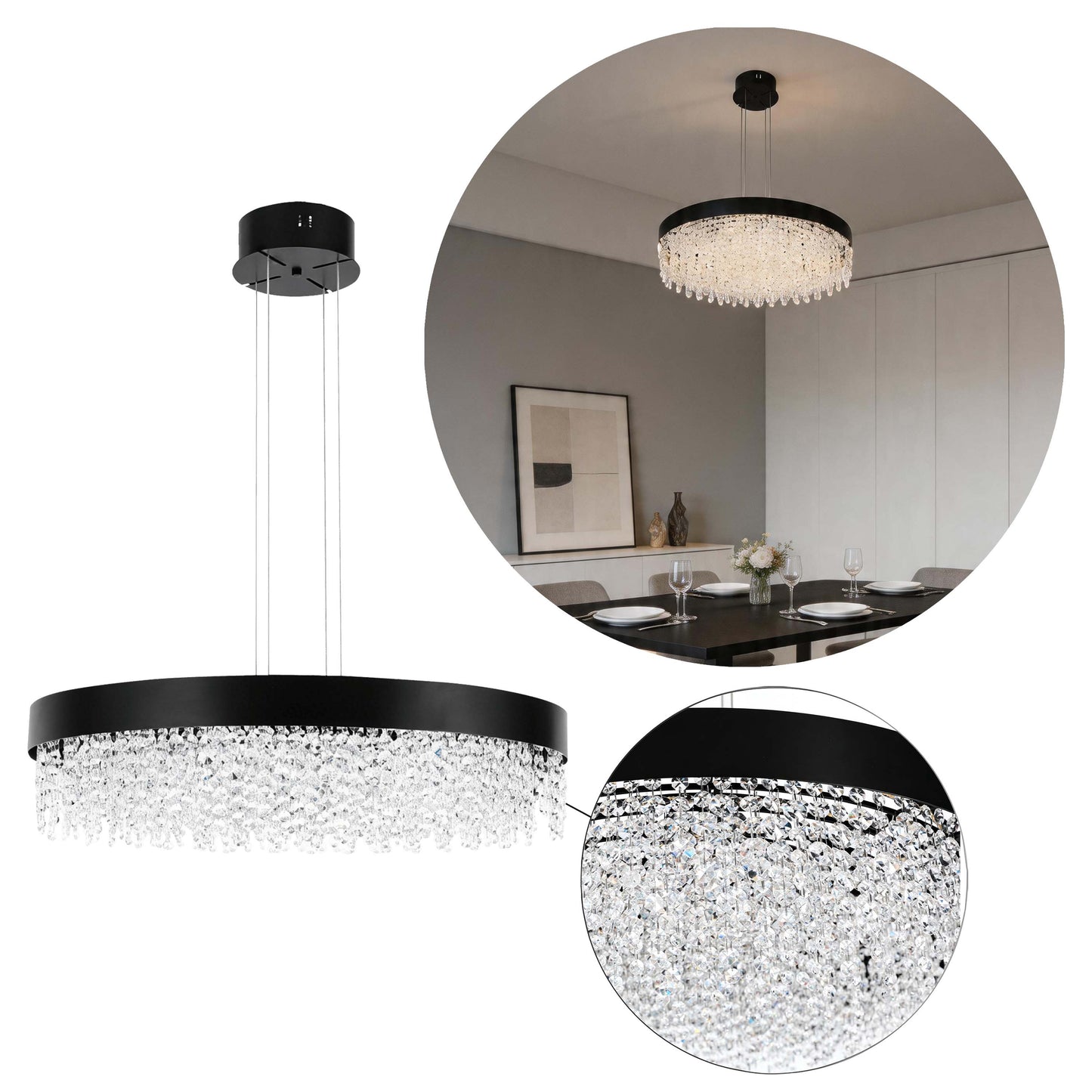 Premium Modern Crystal LED Chandelier, Dimmable with 2.4G Remote, 3CCT