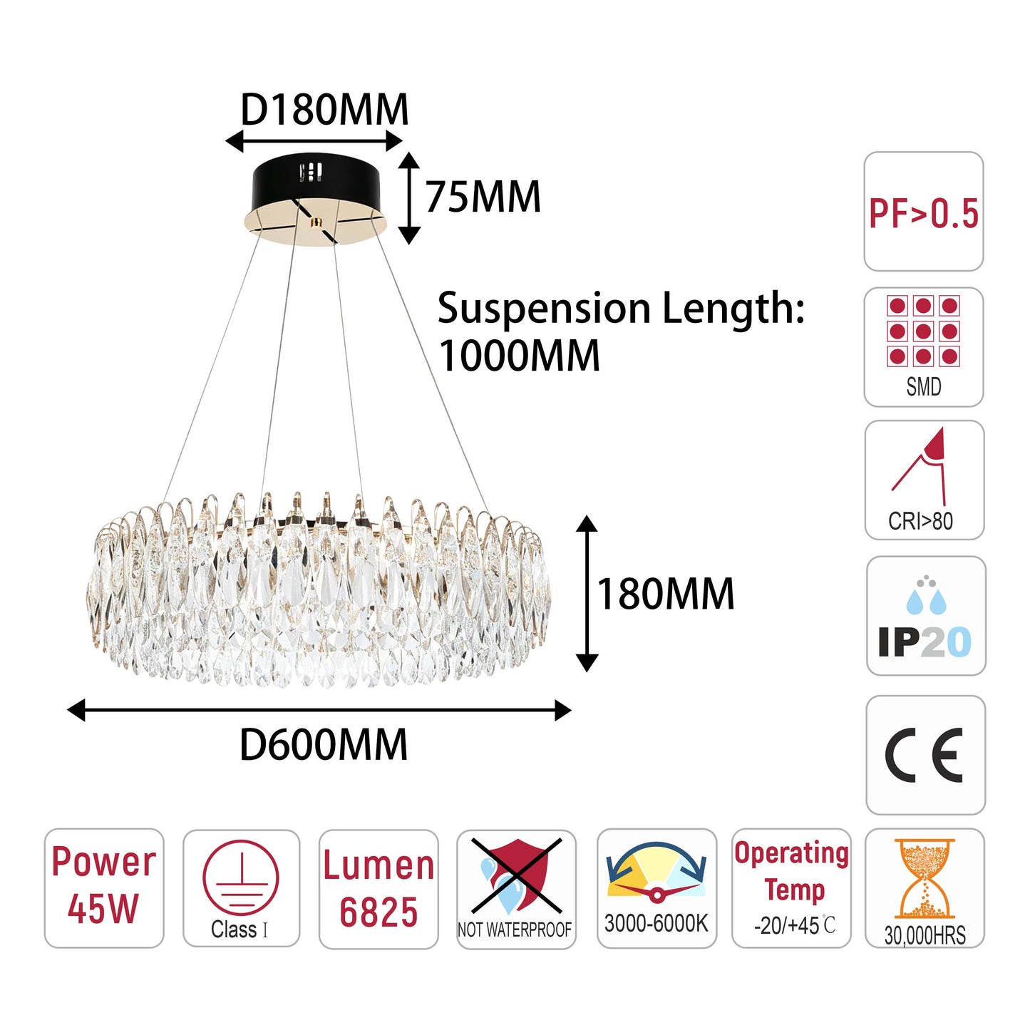 Premium Gold Crystal LED Chandelier, Dimmable with 2.4G Remote, 3CCT
