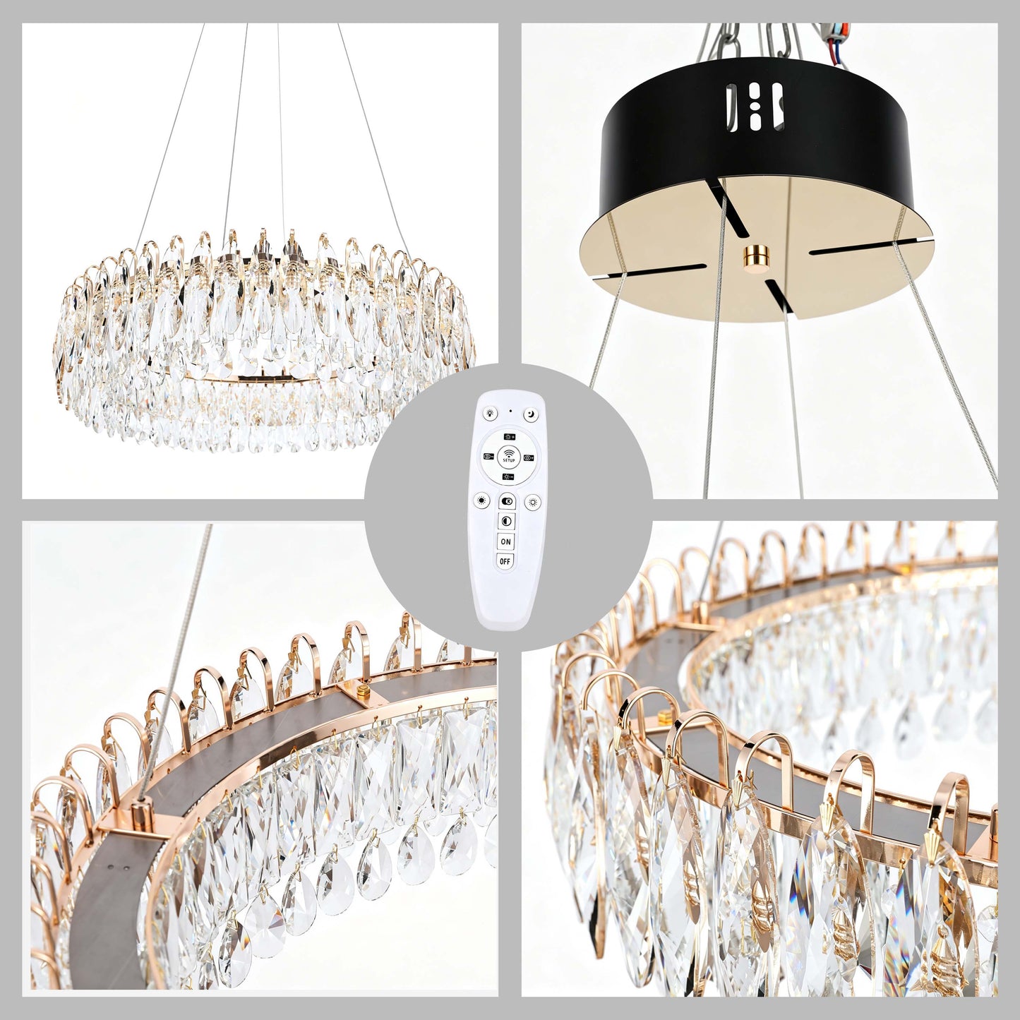 Premium Gold Crystal LED Chandelier, Dimmable with 2.4G Remote, 3CCT