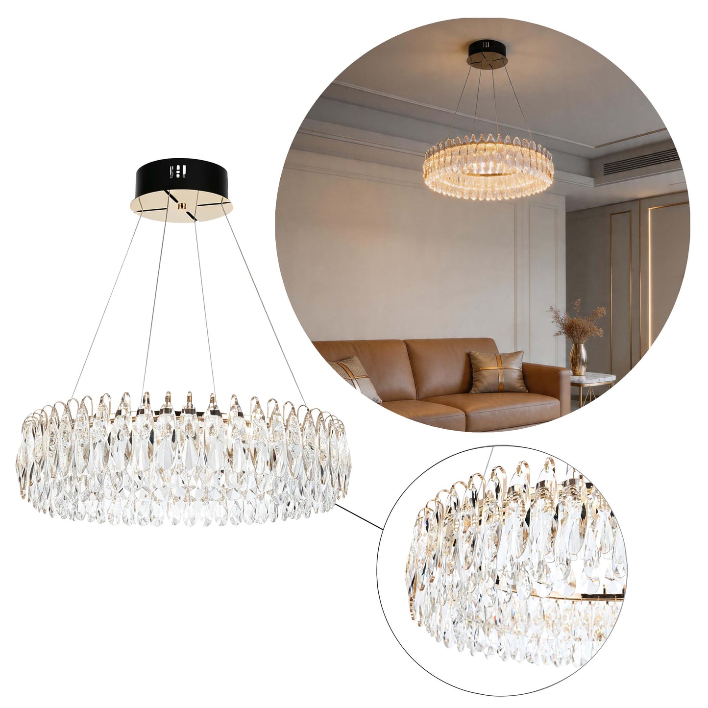 Premium Gold Crystal LED Chandelier, Dimmable with 2.4G Remote, 3CCT