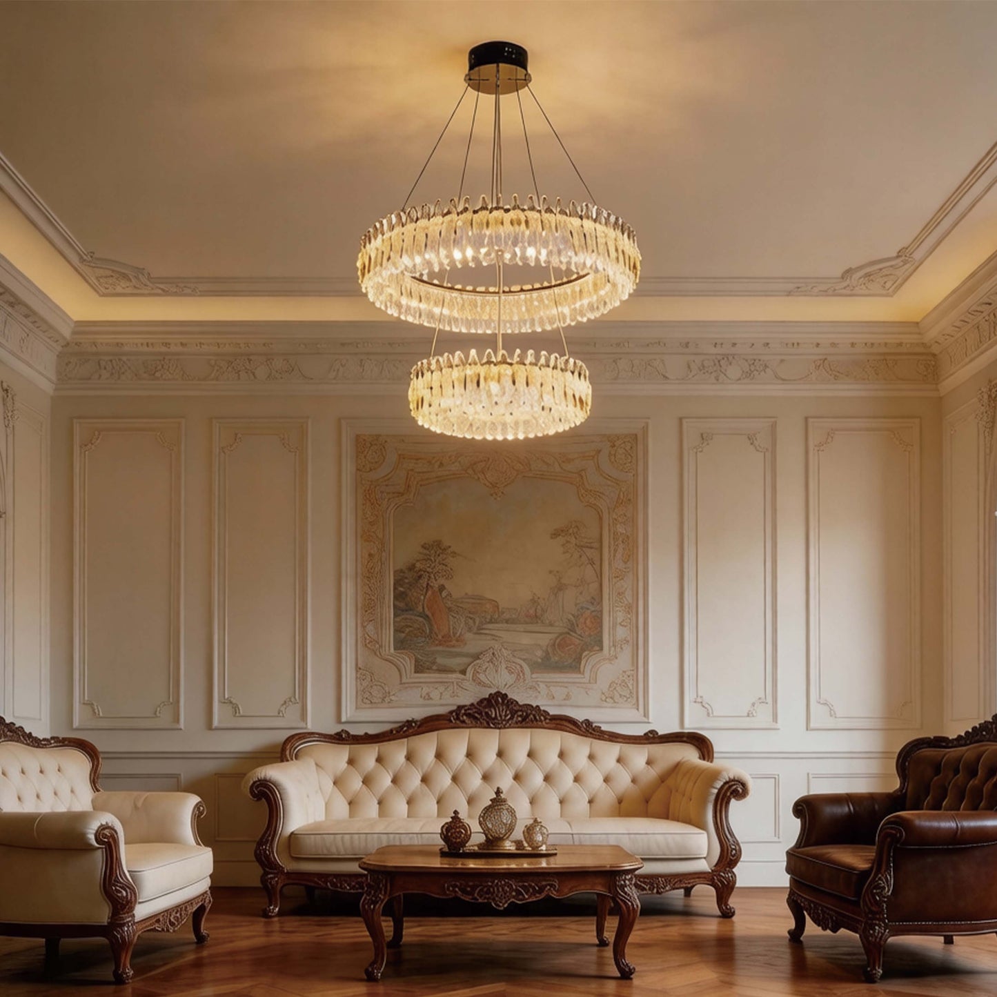 Premium Gold Crystal LED Chandelier, Dimmable with 2.4G Remote, 3CCT