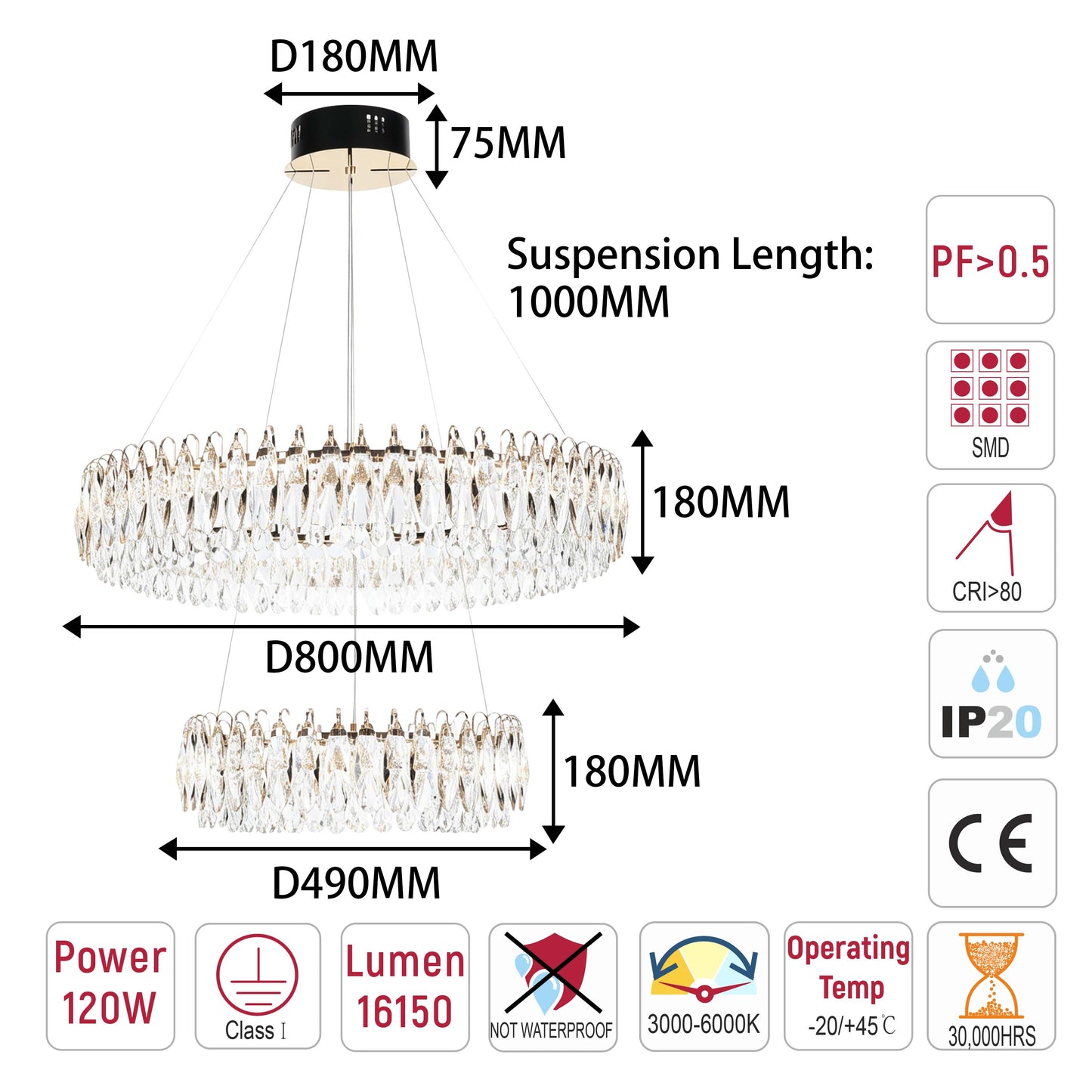 Premium Gold Crystal LED Chandelier, Dimmable with 2.4G Remote, 3CCT