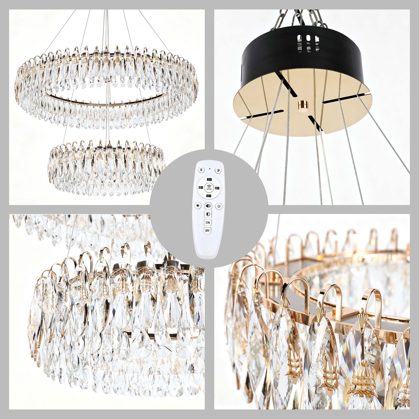 Premium Gold Crystal LED Chandelier, Dimmable with 2.4G Remote, 3CCT