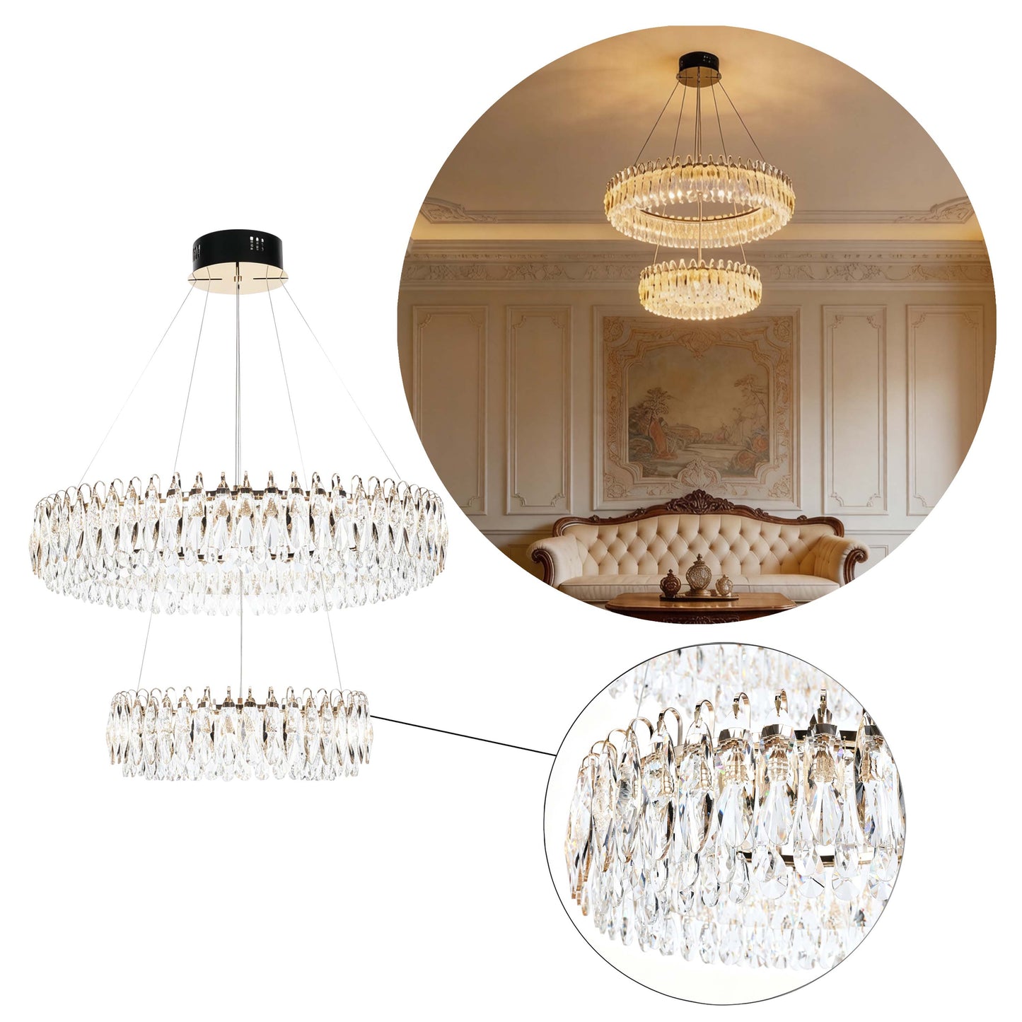 Premium Gold Crystal LED Chandelier, Dimmable with 2.4G Remote, 3CCT