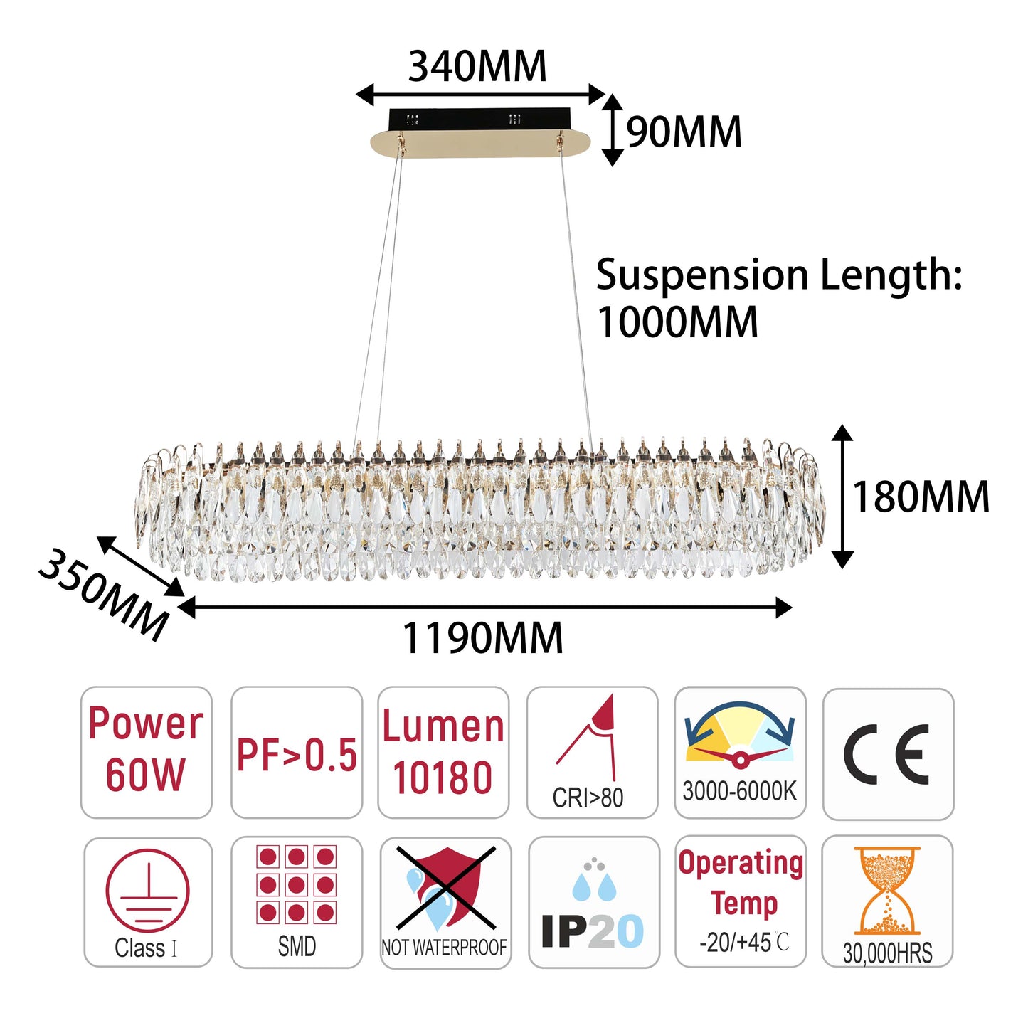 Premium Gold Crystal LED Chandelier, Dimmable with 2.4G Remote, 3CCT