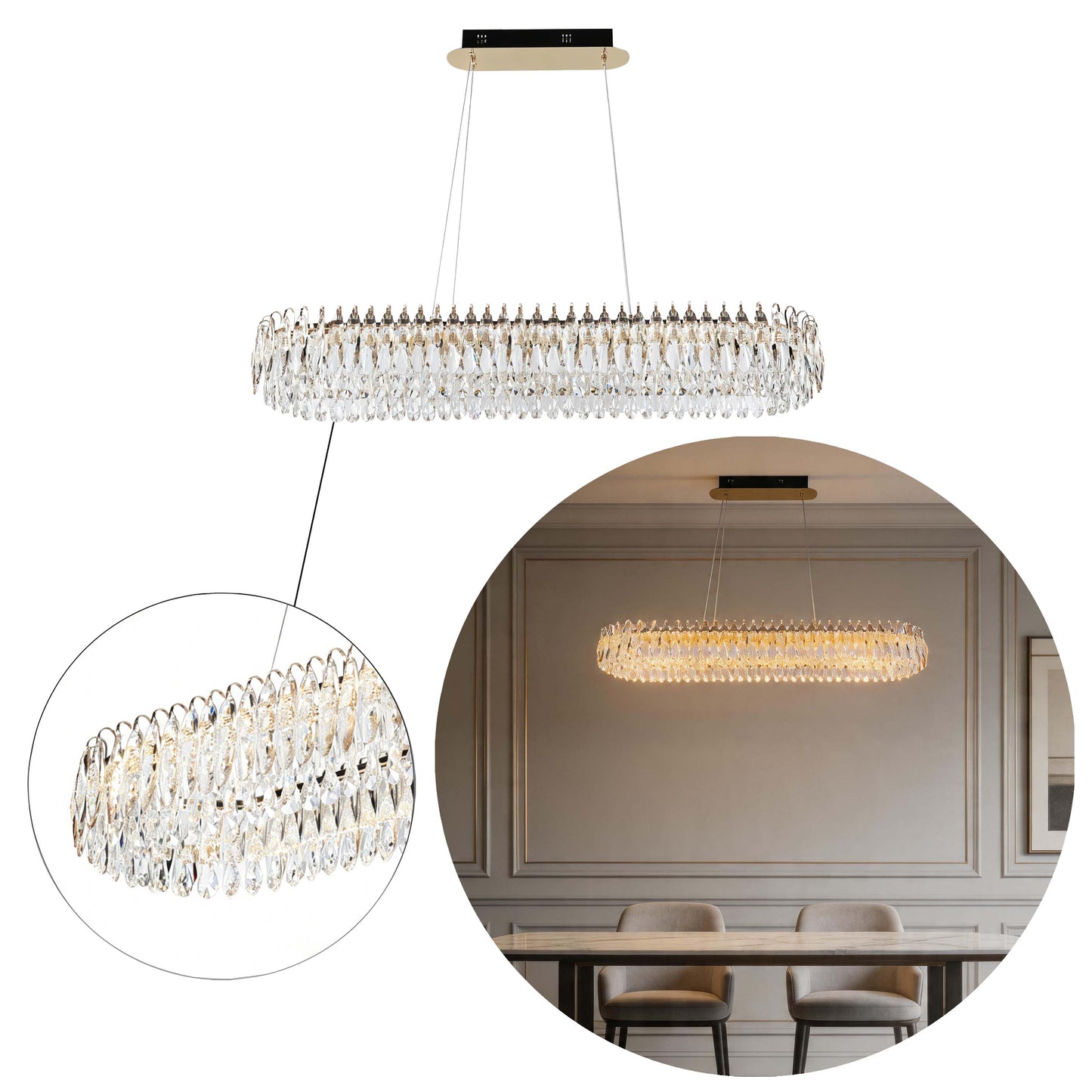 Premium Gold Crystal LED Chandelier, Dimmable with 2.4G Remote, 3CCT