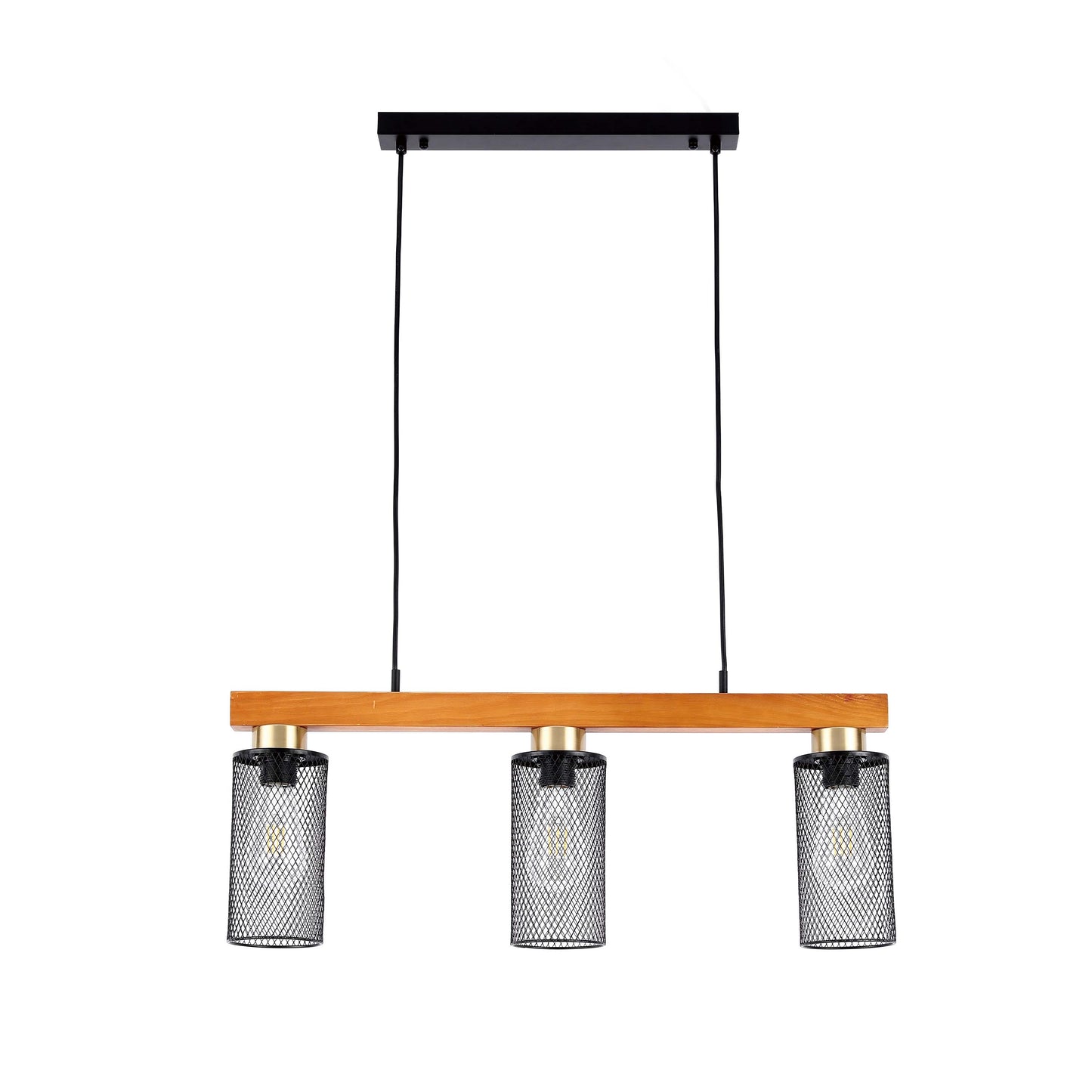 Rustic Wood Beam & Black Mesh Pendant Light, 3 / 5 Light E27
