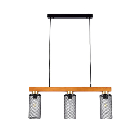 Rustic Wood Beam & Black Mesh Pendant Light, 3 / 5 Light E27