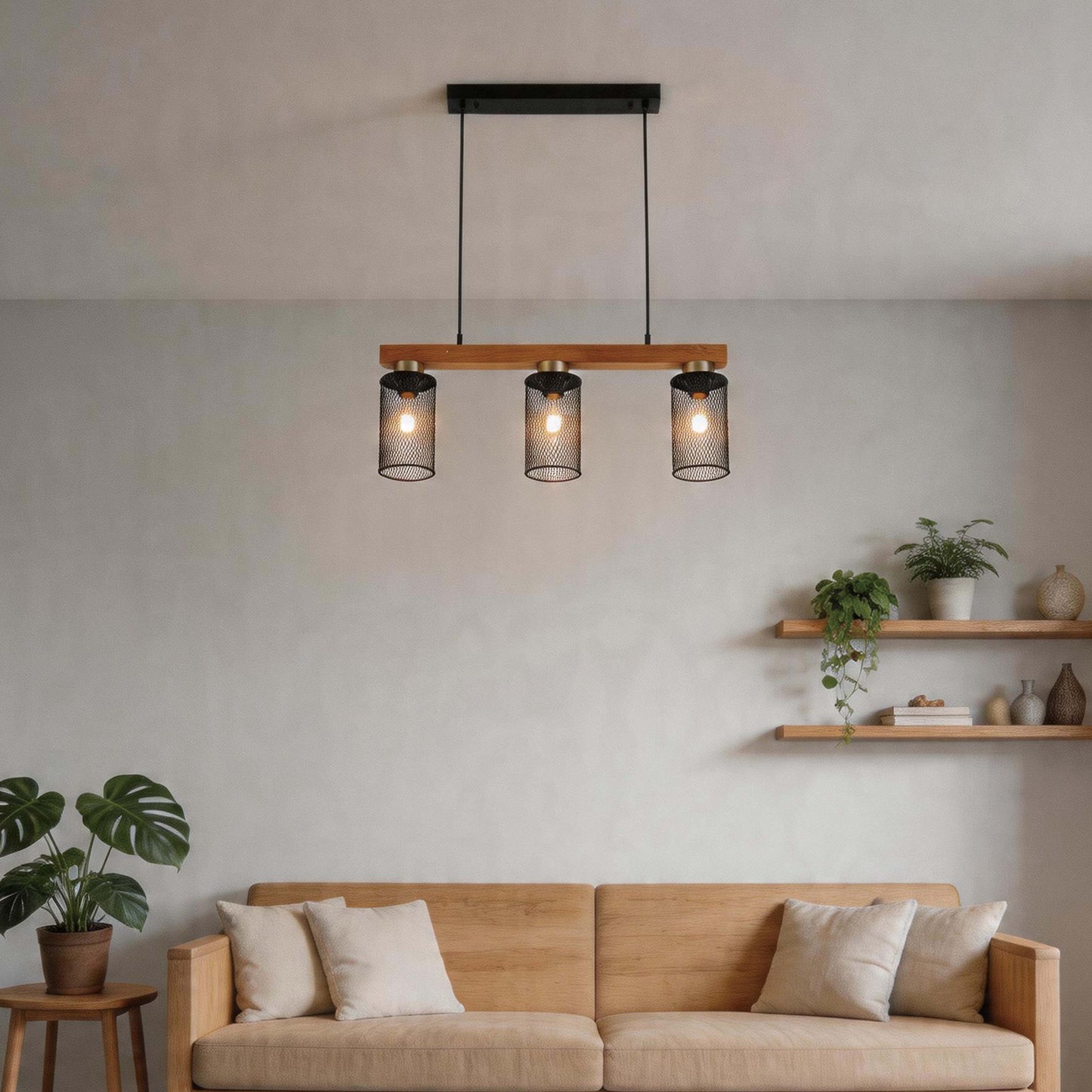 Rustic Wood Beam & Black Mesh Pendant Light, 3 / 5 Light E27