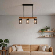 Rustic Wood Beam & Black Mesh Pendant Light, 3 / 5 Light E27