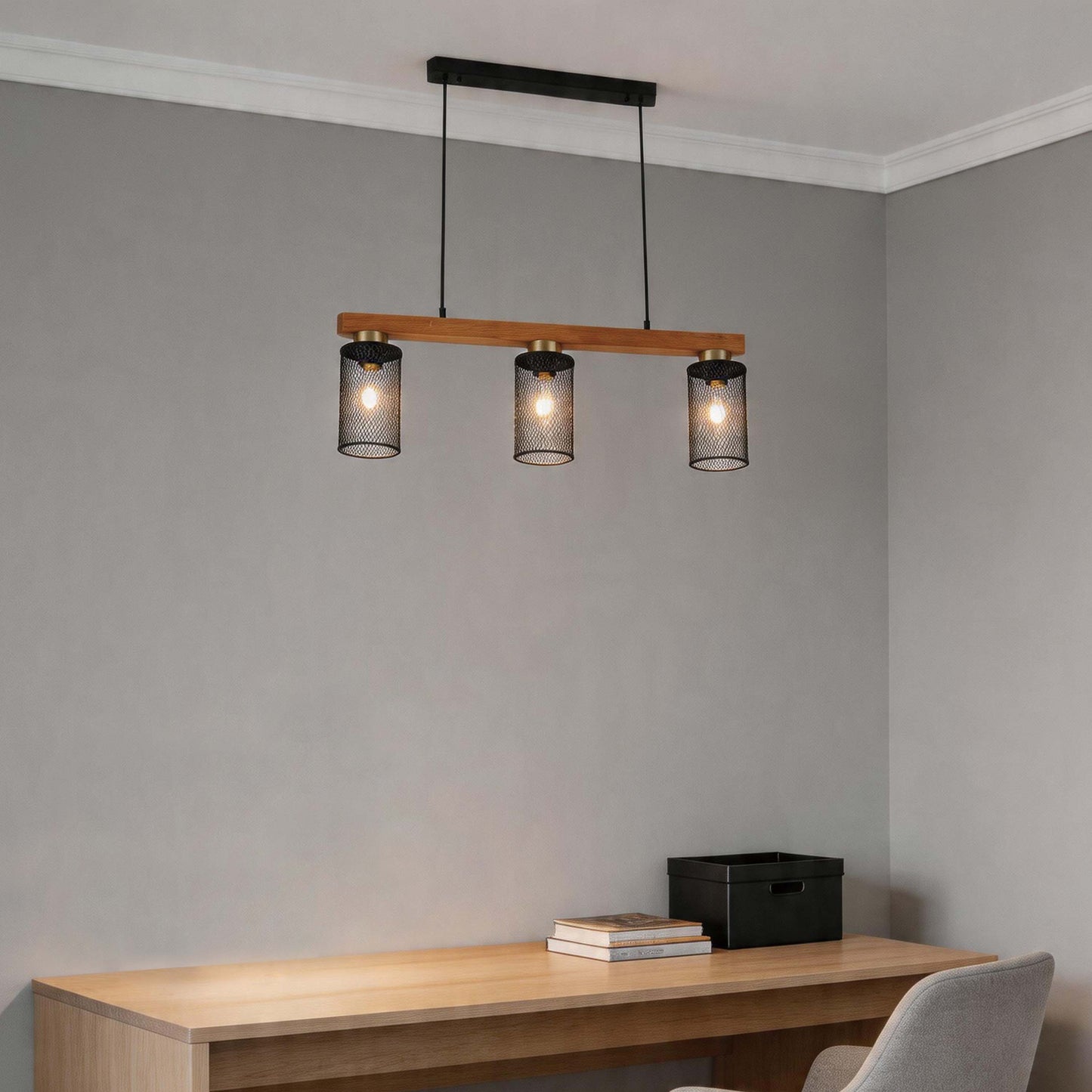 Rustic Wood Beam & Black Mesh Pendant Light, 3 / 5 Light E27