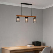 Rustic Wood Beam & Black Mesh Pendant Light, 3 / 5 Light E27