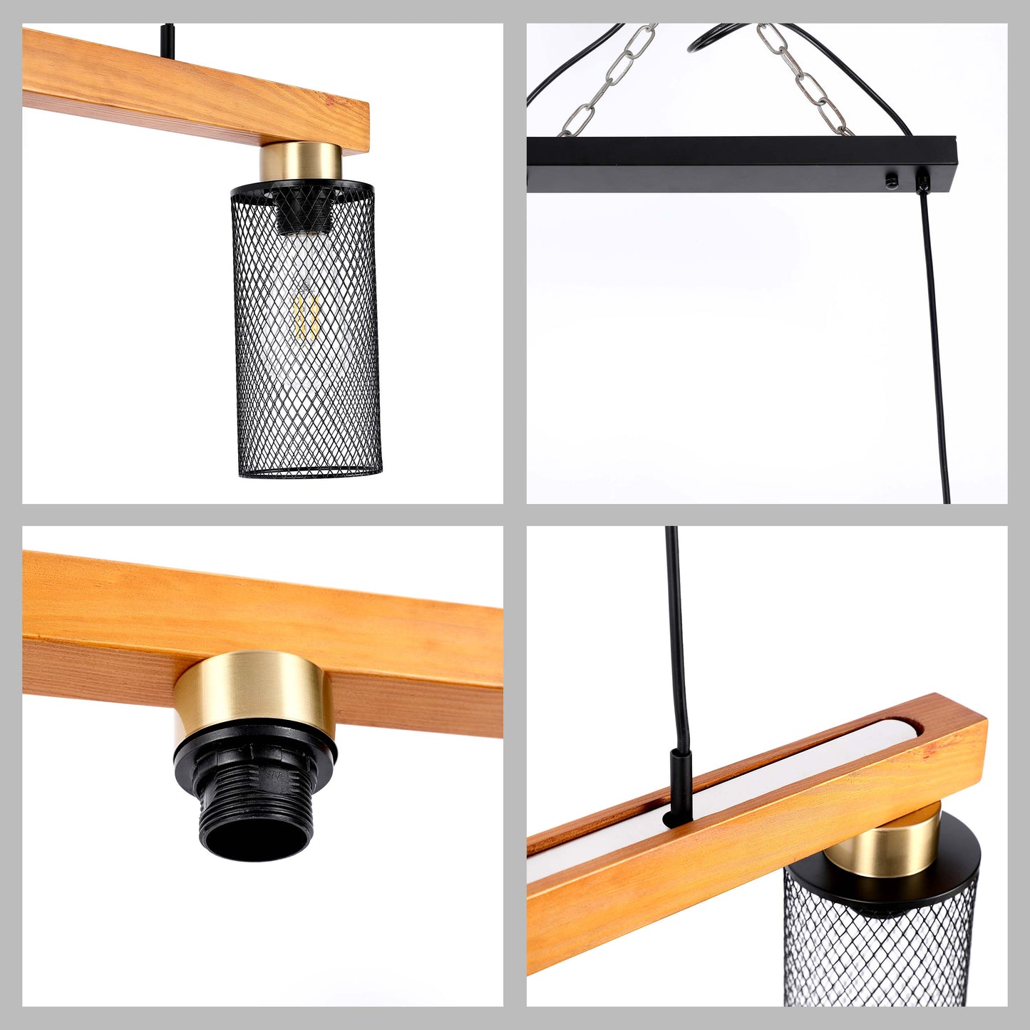Rustic Wood Beam & Black Mesh Pendant Light, 3 / 5 Light E27