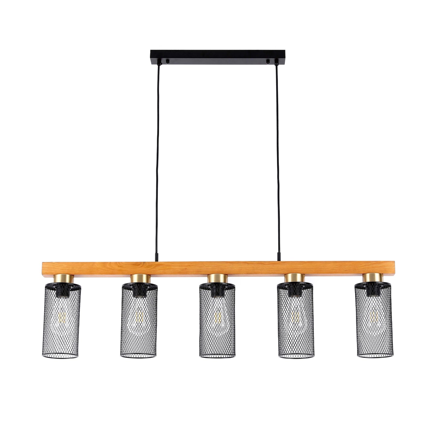 Rustic Wood Beam & Black Mesh Pendant Light, 3 / 5 Light E27