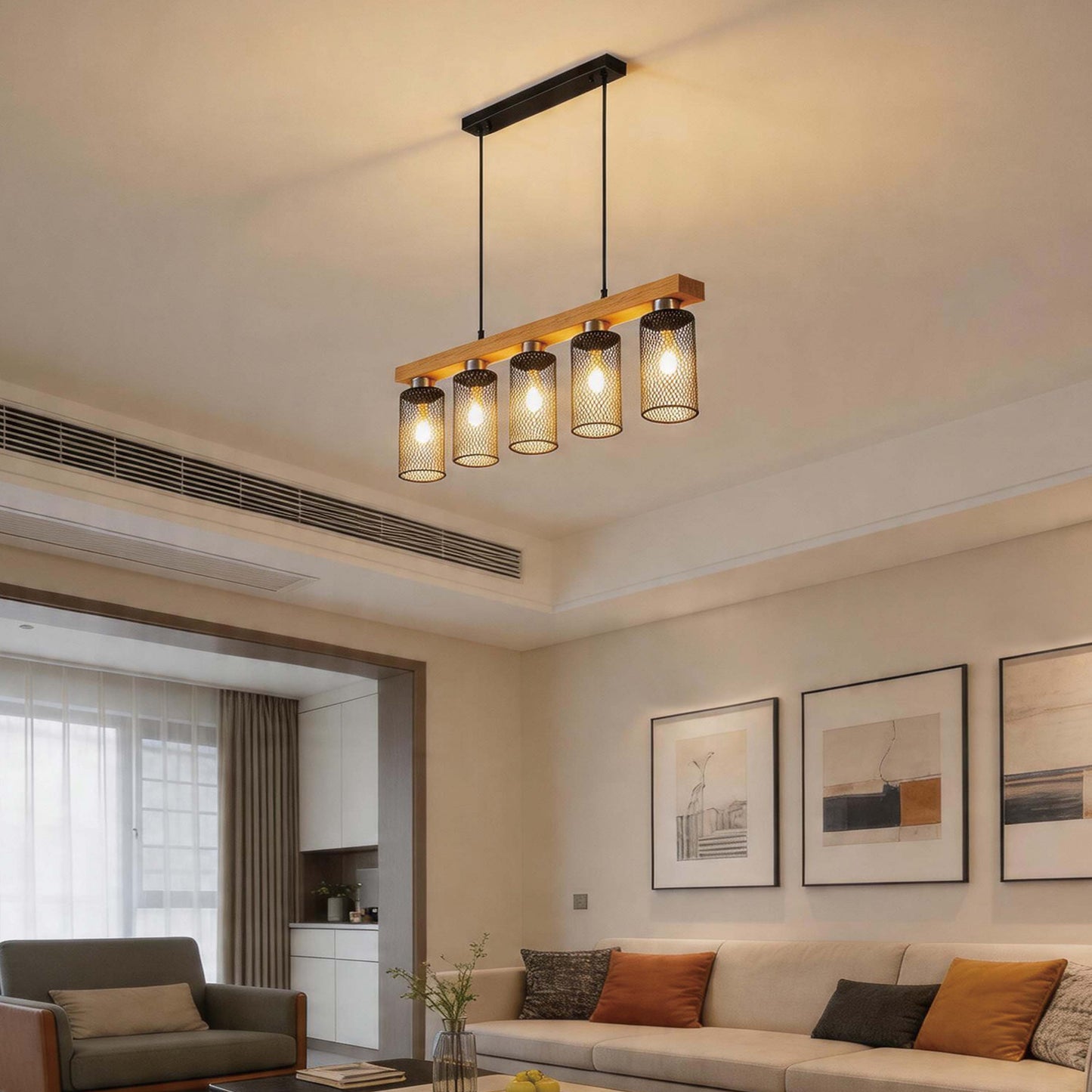 Rustic Wood Beam & Black Mesh Pendant Light, 3 / 5 Light E27