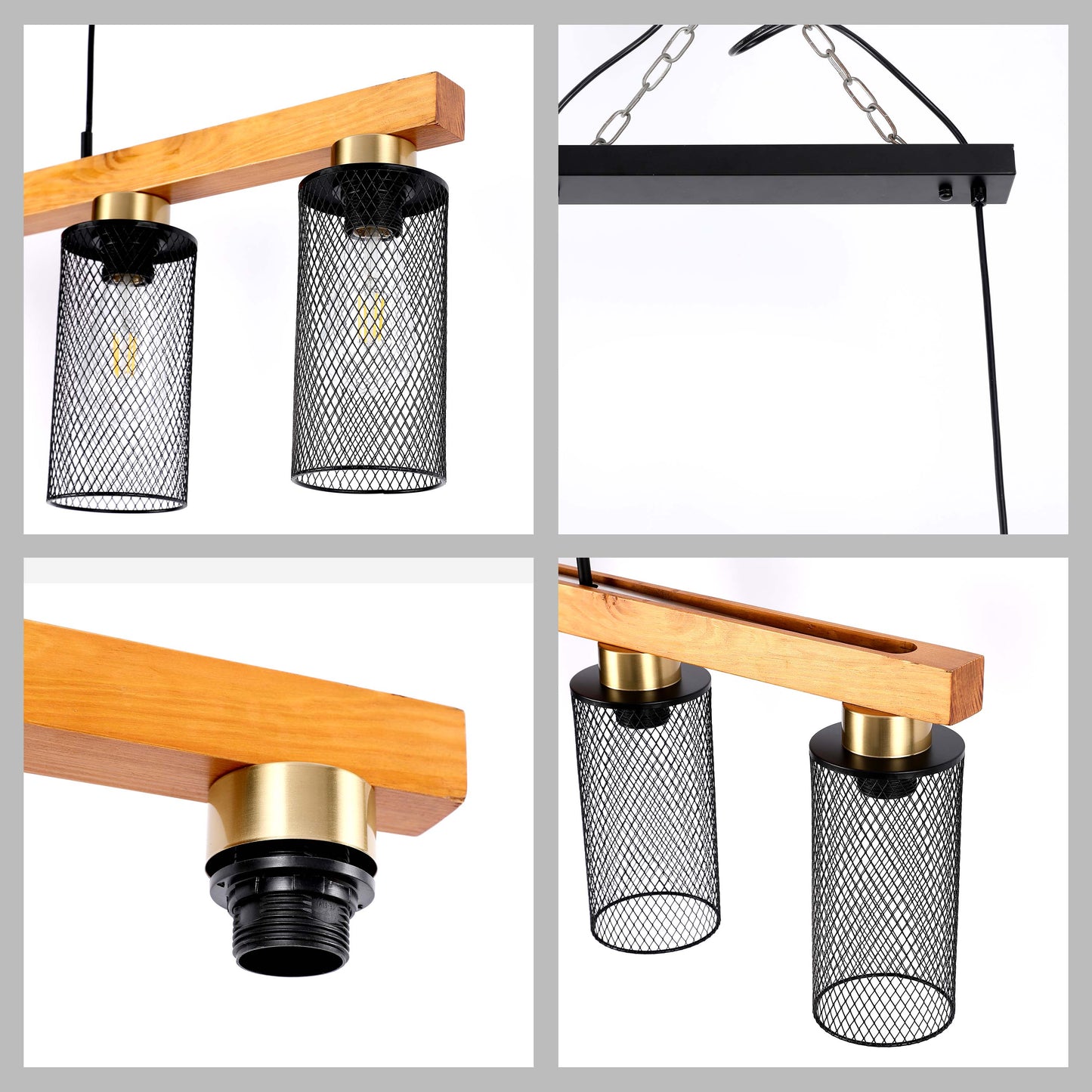 Rustic Wood Beam & Black Mesh Pendant Light, 3 / 5 Light E27