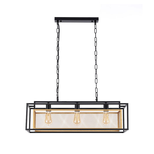Industrial Black & Gold Linear Mesh Cage Pendant Light, 3 / 5 Light E27
