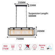 Industrial Black & Gold Linear Mesh Cage Pendant Light, 3 / 5 Light E27