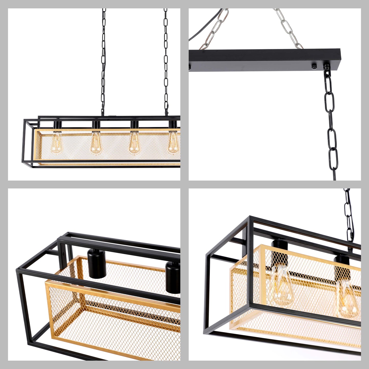 Industrial Black & Gold Linear Mesh Cage Pendant Light, 3 / 5 Light E27