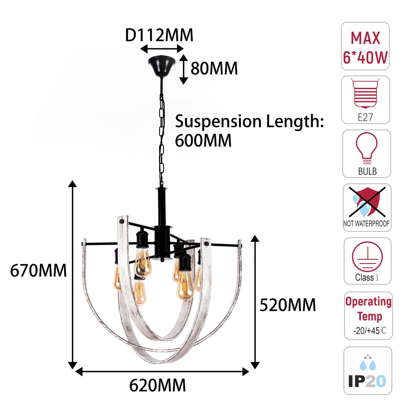 Rustic 6-Light Orb Pendant Light, Black & Distressed White, E27