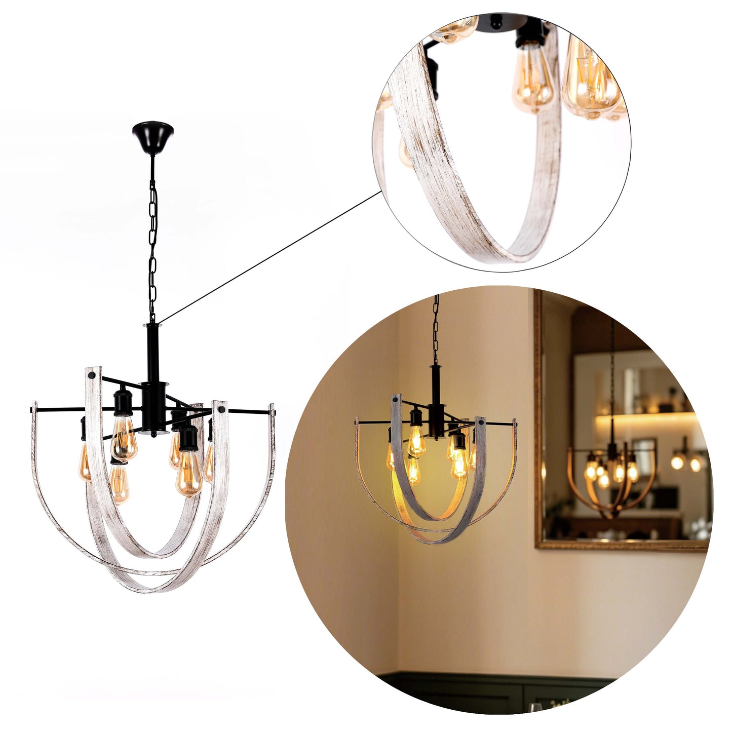 Rustic 6-Light Orb Pendant Light, Black & Distressed White, E27