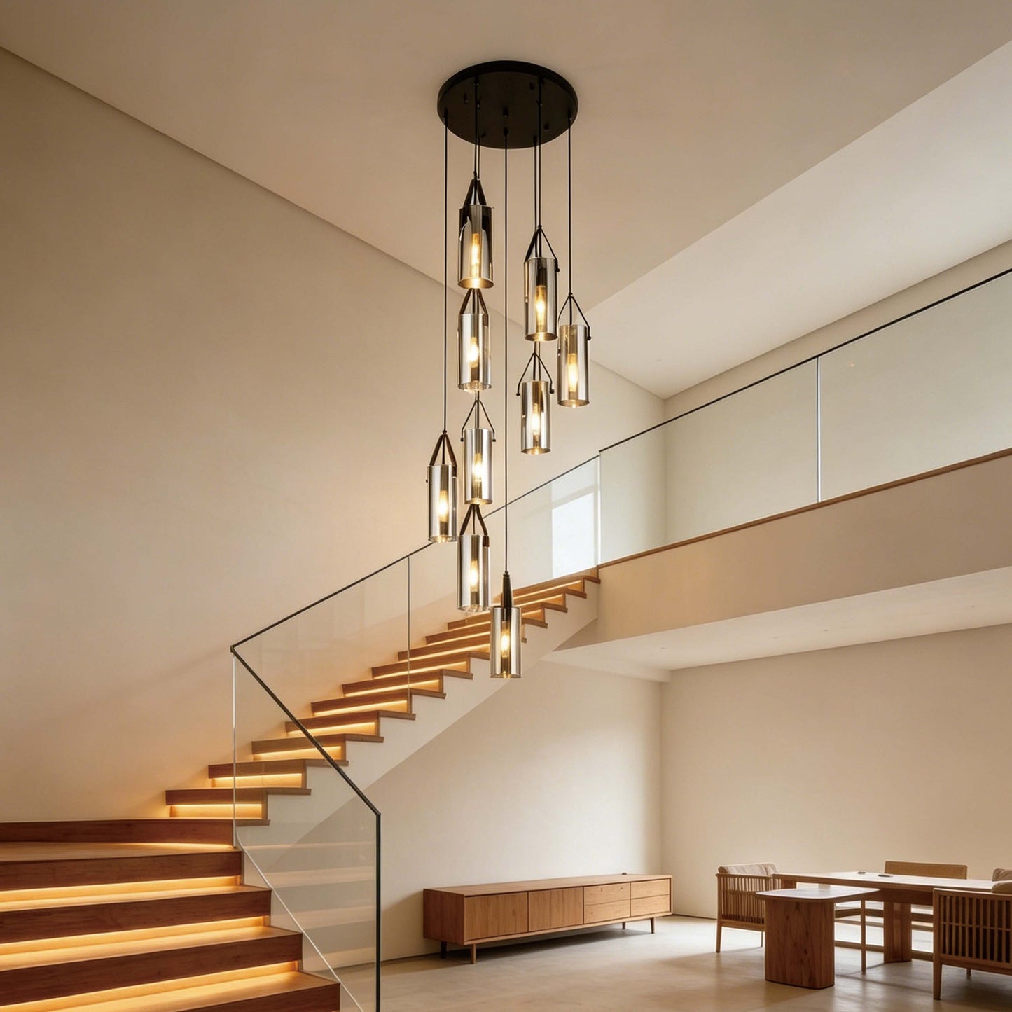 Modern 9-Light Smoky Glass Cluster Pendant Light, Black E27