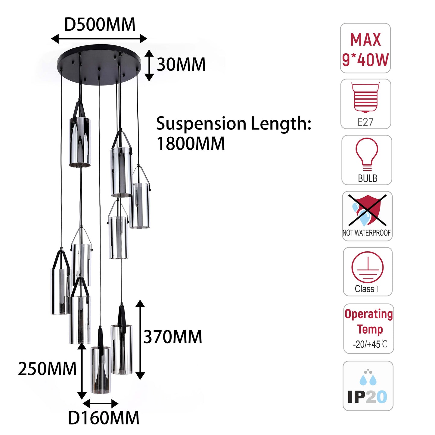 Modern 9-Light Smoky Glass Cluster Pendant Light, Black E27