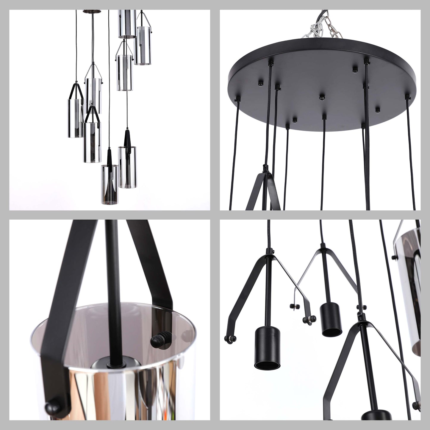 Modern 9-Light Smoky Glass Cluster Pendant Light, Black E27